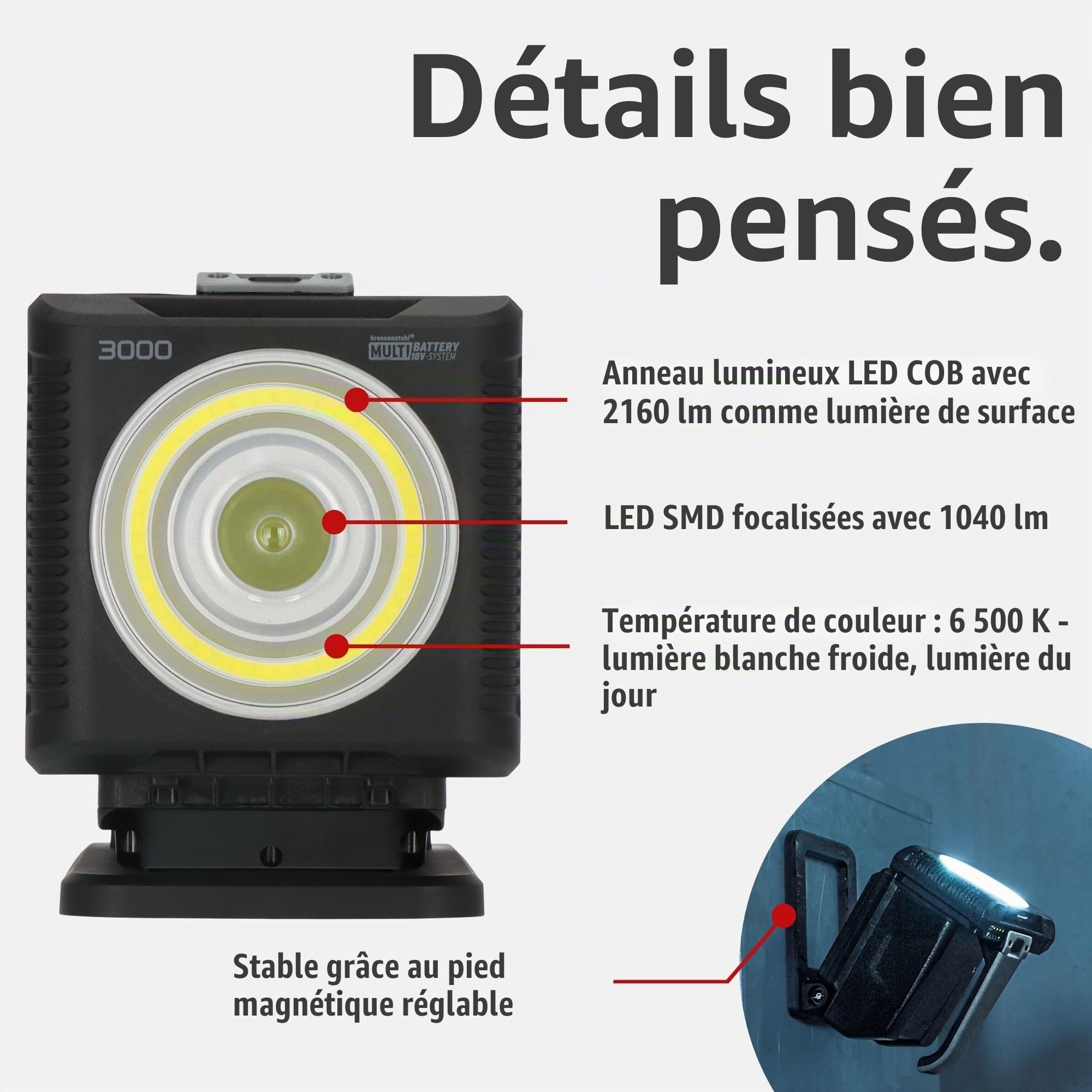 Brennenstuhl Professional Multi Battery Lampe torche LED rechargeable HL 3000 / Baladeuse LED 20W (1140+2160lm, compatible avec batterie 18V rechargeable de 10 fabricants, portée 200m, aimants, IP54)