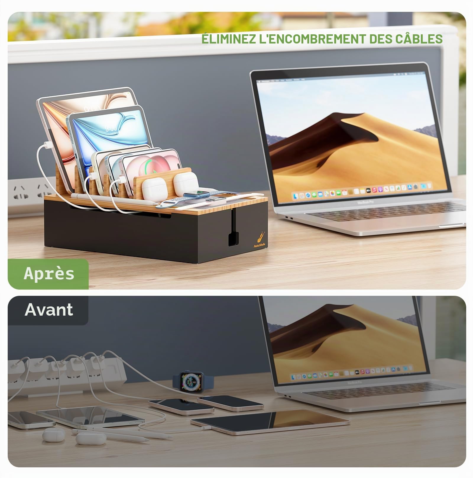 Pezin & Hulin Station de charge en bambou, organiseur d'appareils électroniques pour plusieurs appareils tels que téléphone portable, tablette, montre et plus encore, naturel + noir, (pas de chargeur