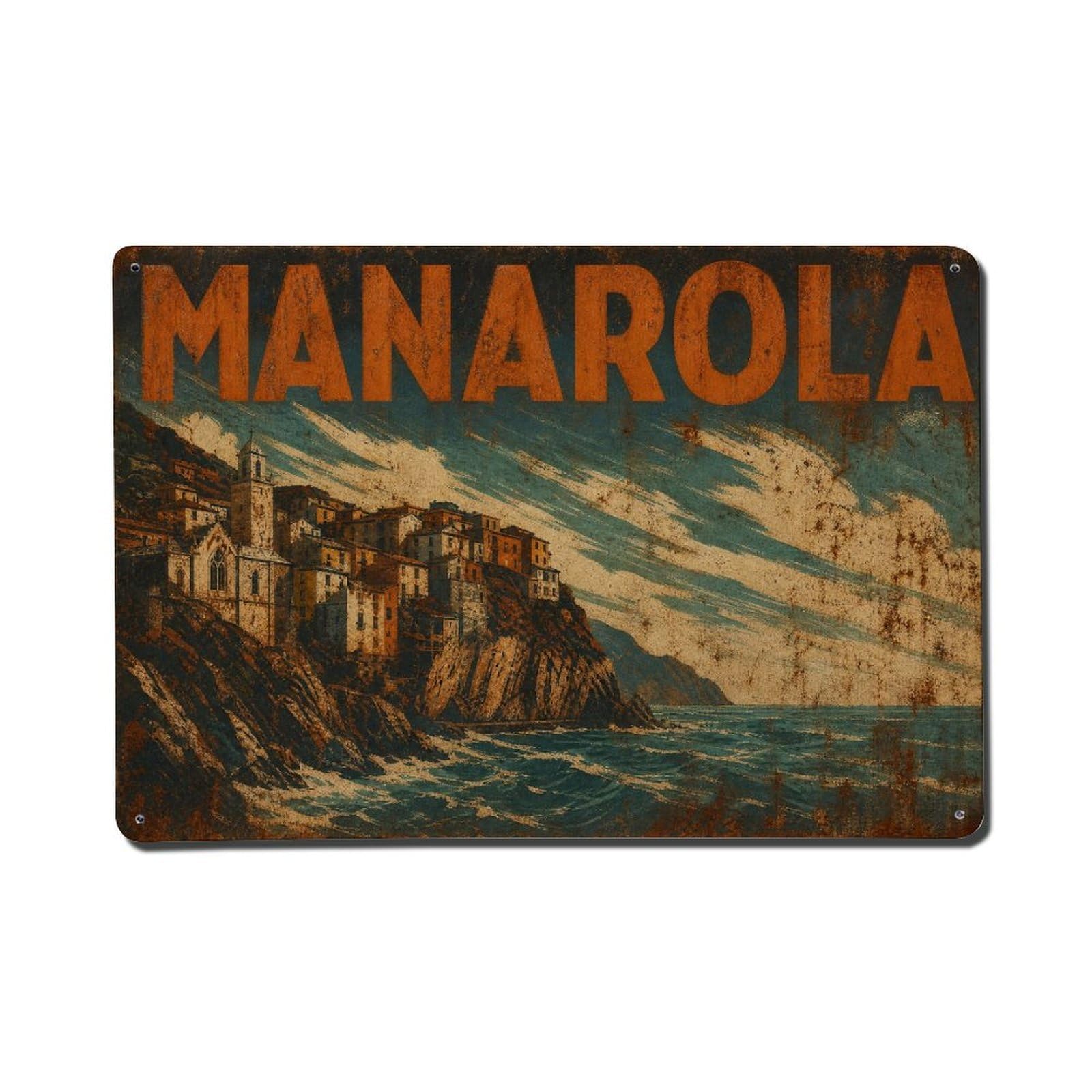 Vintage Travel Manarola Coastal Breeze Wind Scene Italy Metal Tin Sign