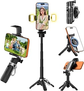 Trípode Selfie Stick Magnético Mini con 2 Luces LED, Palo 4 en 1 de Bolsillo para Teléfono Móvil, Rotación 360°, Soporte Plegable con Mando Bluetooth para iPhone/Android Video Foto