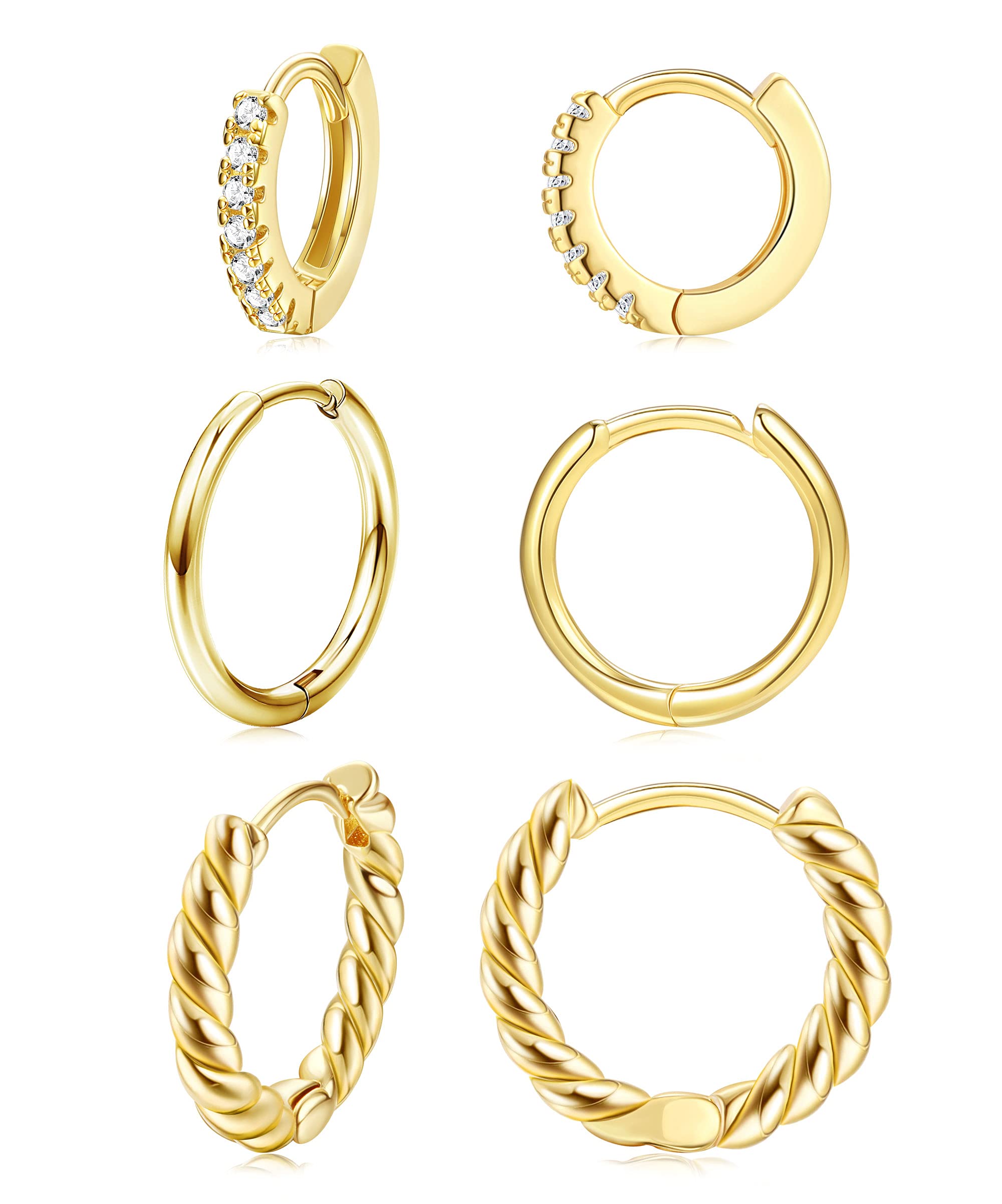 LOLIAS 3 Pares Pequeños Pendientes Aro para Mujeres Niñas Acero Inoxidable Aretes Cartílago Trenzados Oro 14K Pendientes de Aro Hipoalergénicos Circonita Cúbica Pendientes de Aro para Hombres