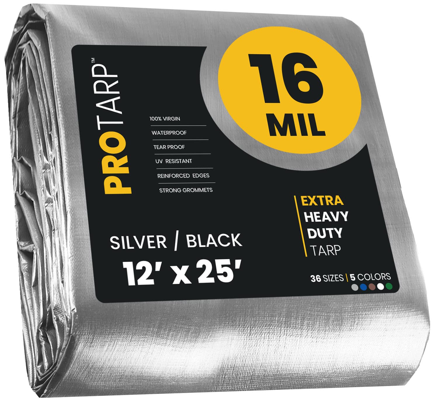 Extra Heavy Duty 16 Mil Tarp Cover, Waterproof, UV Resistant, Rip and Tear Proof, Poly Tarpaulin with Reinforced Edges for Roof, Camping, Patio, Pool, Boat. (Silver/Black 12′ X 25′)