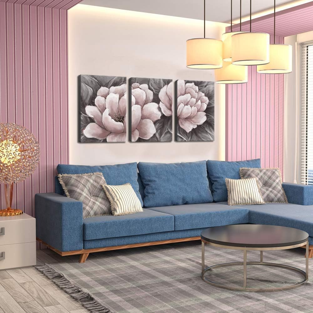 Biuteawal Flower Canvas Wall Art Abstract Pink and Gray Wall Artworks Elegant Floral Painting Still Life Pictures for Home Living Room Bedroom Decoration Ready to Hang 16x24inx3panels