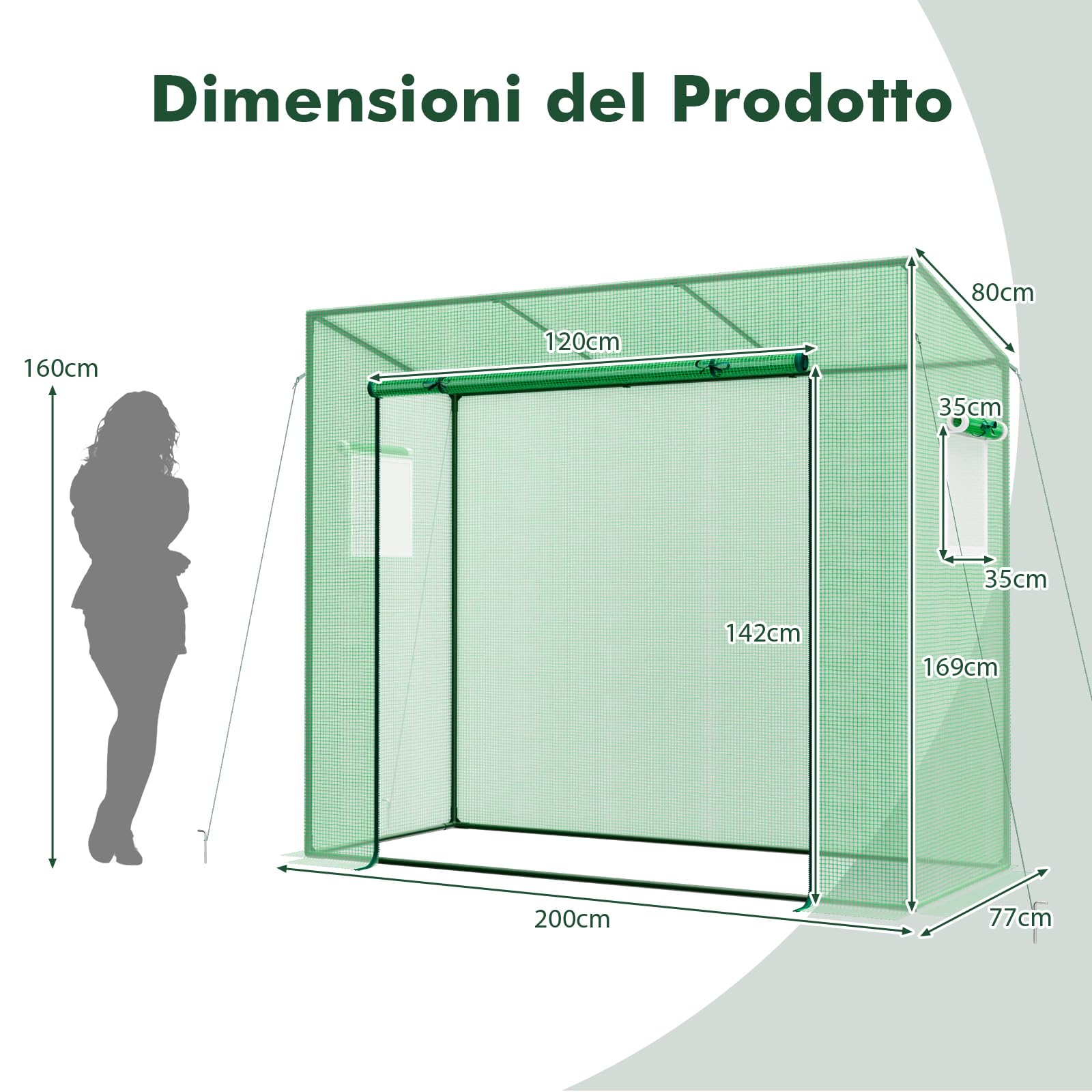 GYMAX Serra da Giardino, Serra Portatile Mini Esterna con Copertura in PE, 4 Corde Antivento e Picchetti da Terra, Porta a Cerniera con Avvolgimento, 200 x 77 x 169 cm (Verde-1)