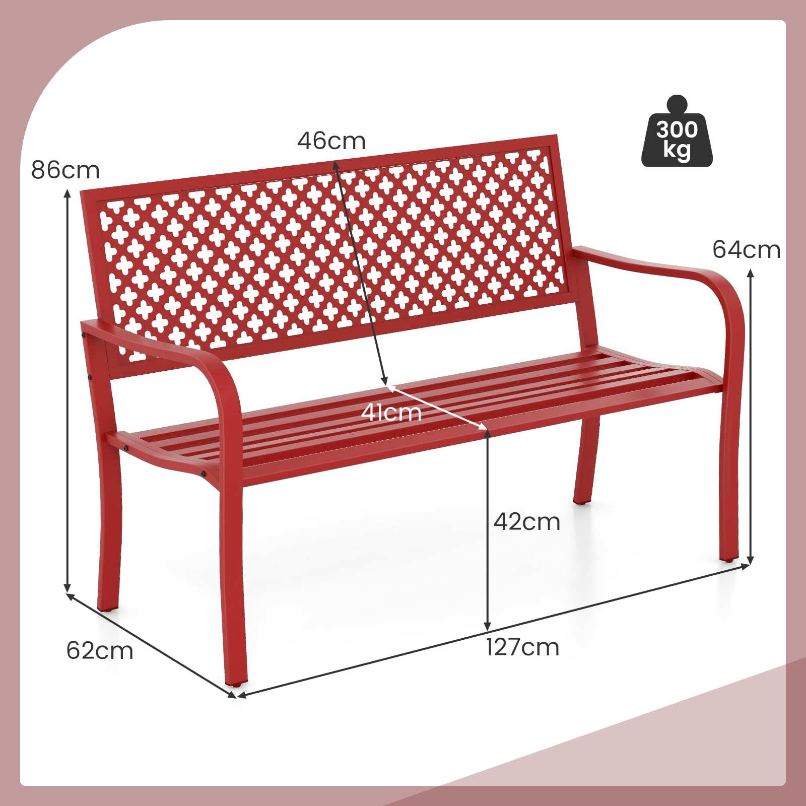 COSTWAY Panchina da Esterno, Panca da Giardin in Metallo con Schienale Traforato, Sedile a Doghe e Braccioli, Panchina Moderna per Cortile, Terrazzo e Giardino, Portata 300 kg (Rosso)