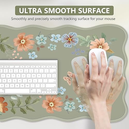 Miniatura 3 de iCasso Tapete de escritorio festoneado para teclado y mouse, alfombrilla de mouse grande festoneada, alfombrilla de escritorio floral, alfombrilla