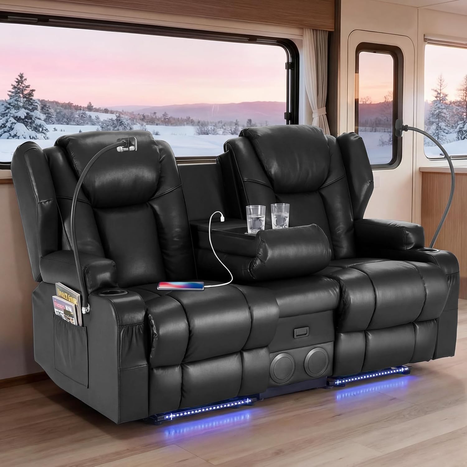 Redlife Power Loveseat Recliner Sofa with Console, PU Leather Dual Reclining Couch with Blue LED Lights, Bluetooth Speakers, USB Ports, Phone Holders, Home Theater & RV Recliner (Black)