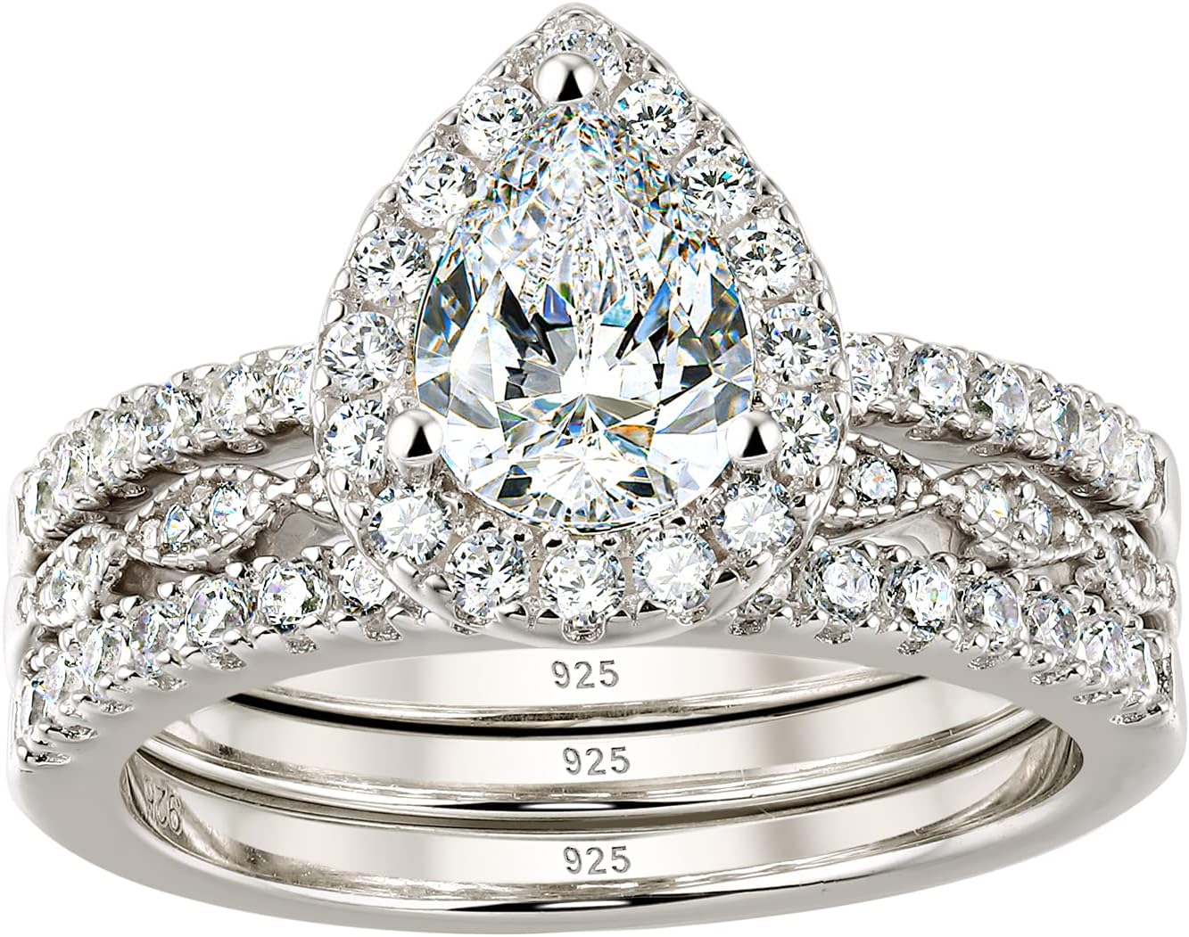 Wuziwen Halo Pear Cut Wedding Ring Set CZ Engagement Rings for Women 925 Sterling Silver Size 5-12