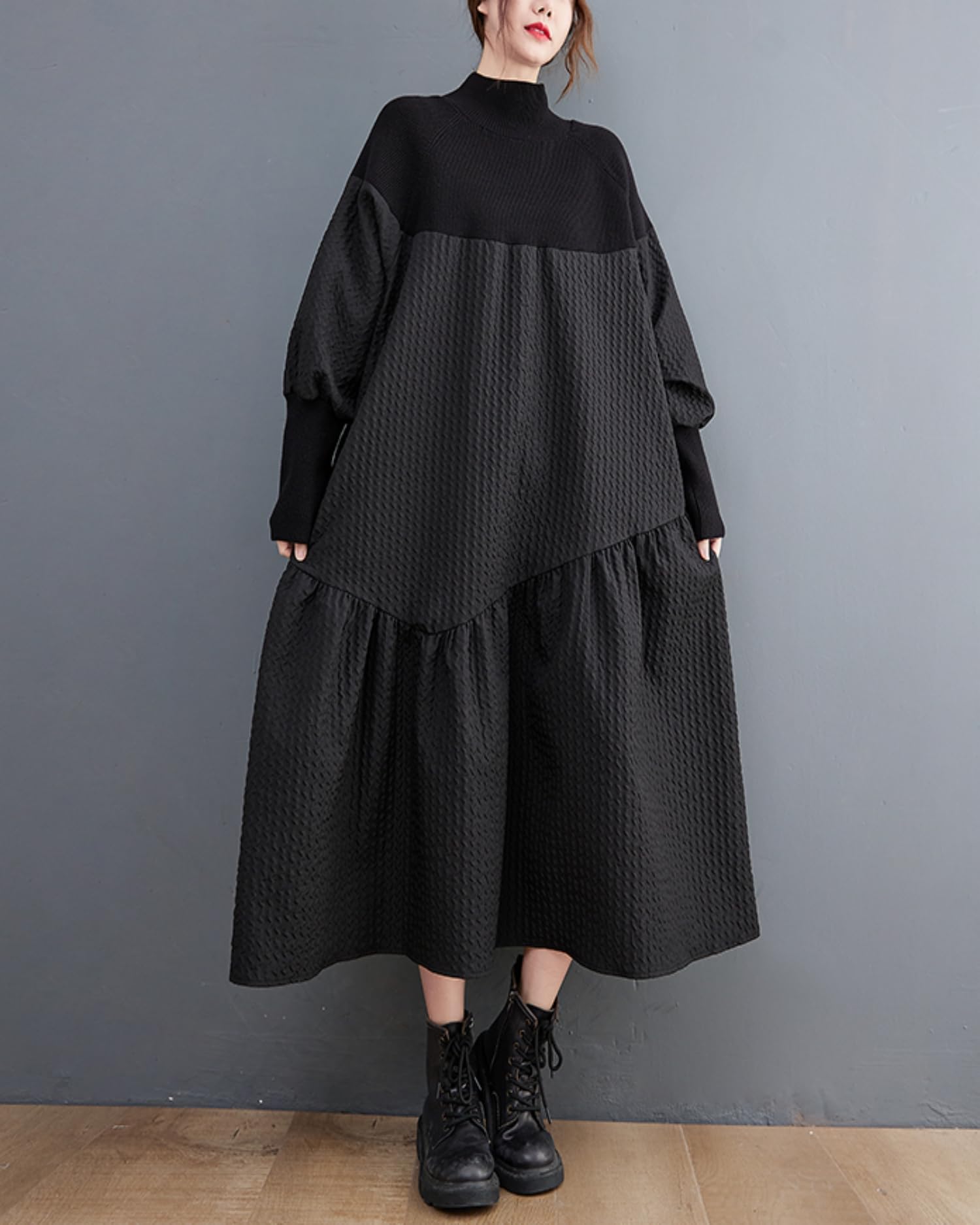 ellazhu Robe Tricotée à Col Roulé Patchwork avec Volants pour Noël GZ05