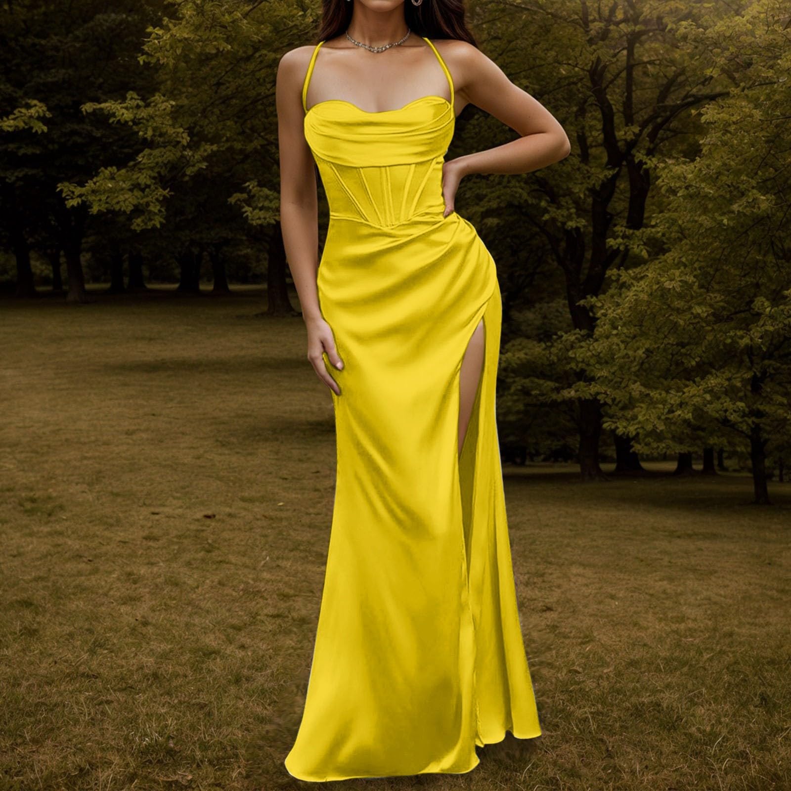 Générique Robe Longue Sexy en Satin pour Femme, Corset, Bretelles, Push-up, arête de Poisson, froncée, soirée, Longue