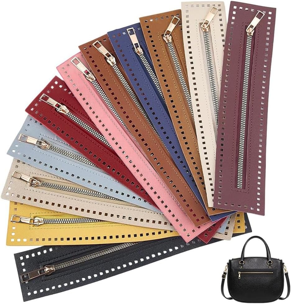 CALFOVERA 11Pcs 11 Colors Crochet Purse Zipper PU Leather 10.6 Inch Black Brown Beige Red Pink Handmade Bags Sewing Zippers Frame with Holes for DIY Craft Purse Wallet Clothing Jeans Accessories
