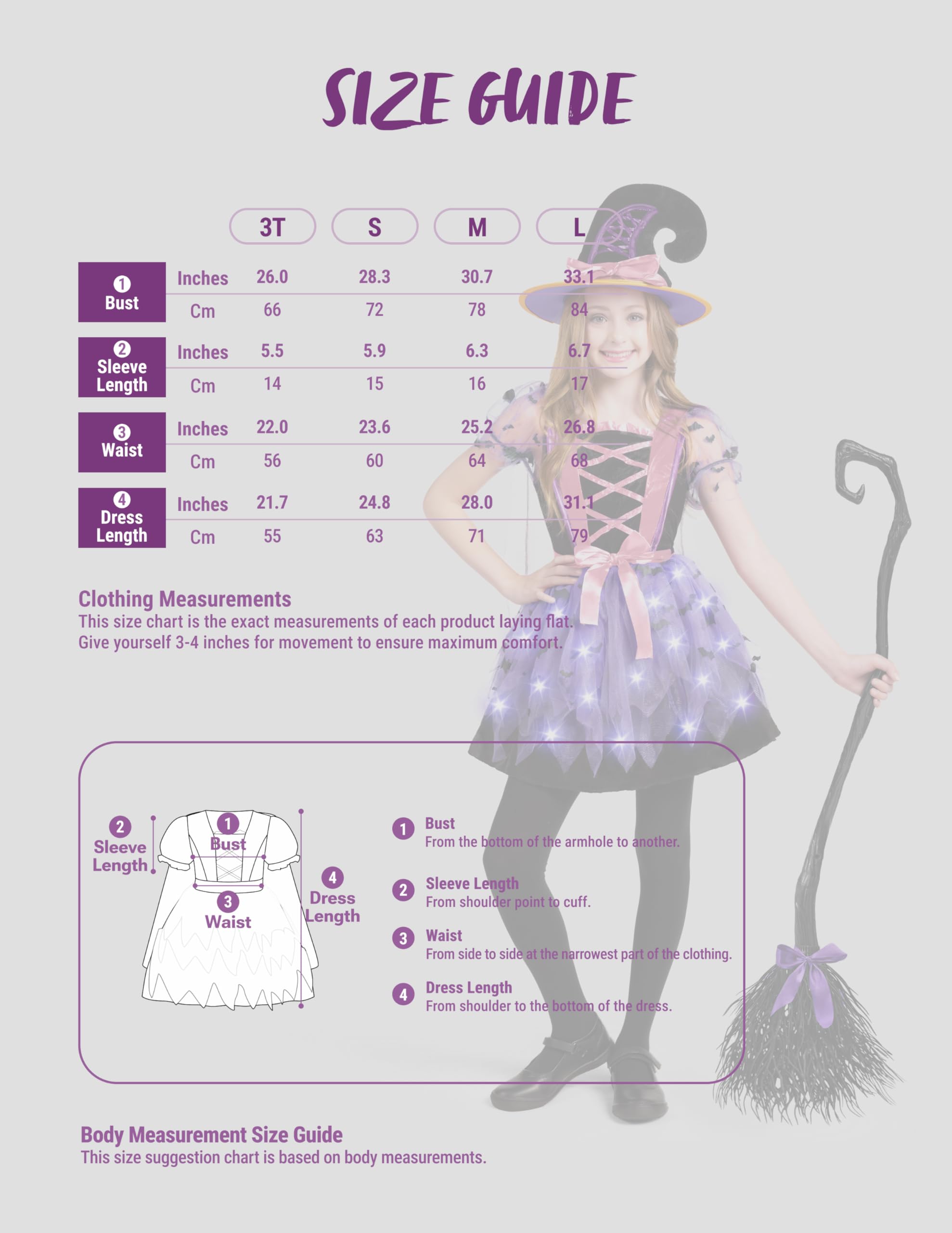 Spooktacular Creations Dziewczęcy kostium czarownicy z efektem świecenia, kostium dla dzieci z kapeluszem i miotłą na imprezy Halloween