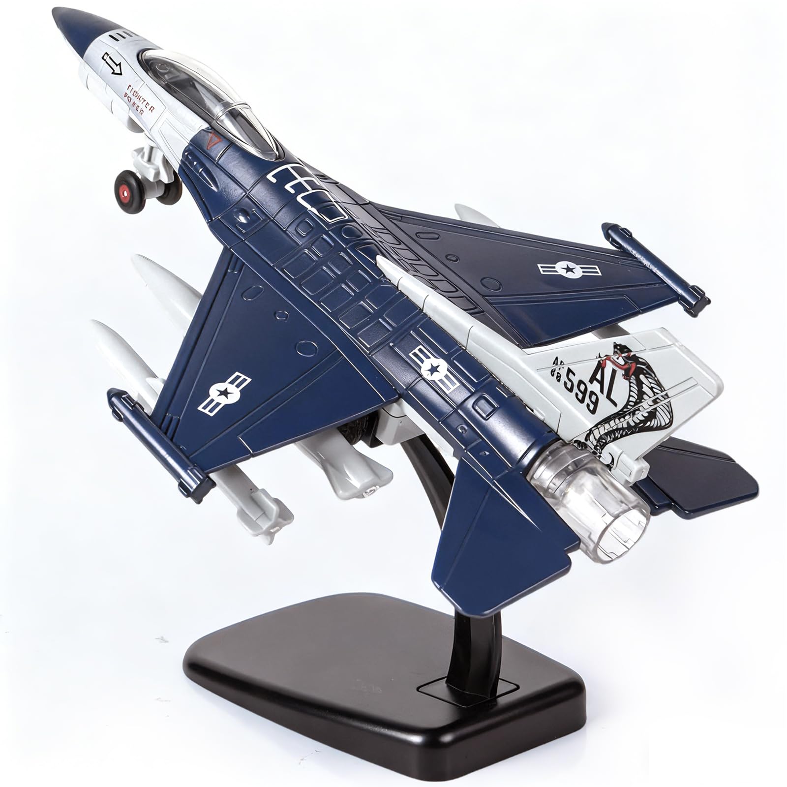 Fighter Jet, Diecast Metal Pull Back Airplane Toy with Flashing Lights and Sounds, Military Plane Model for 3-12 Years Old Boys Birthday Gift (Holder Included)