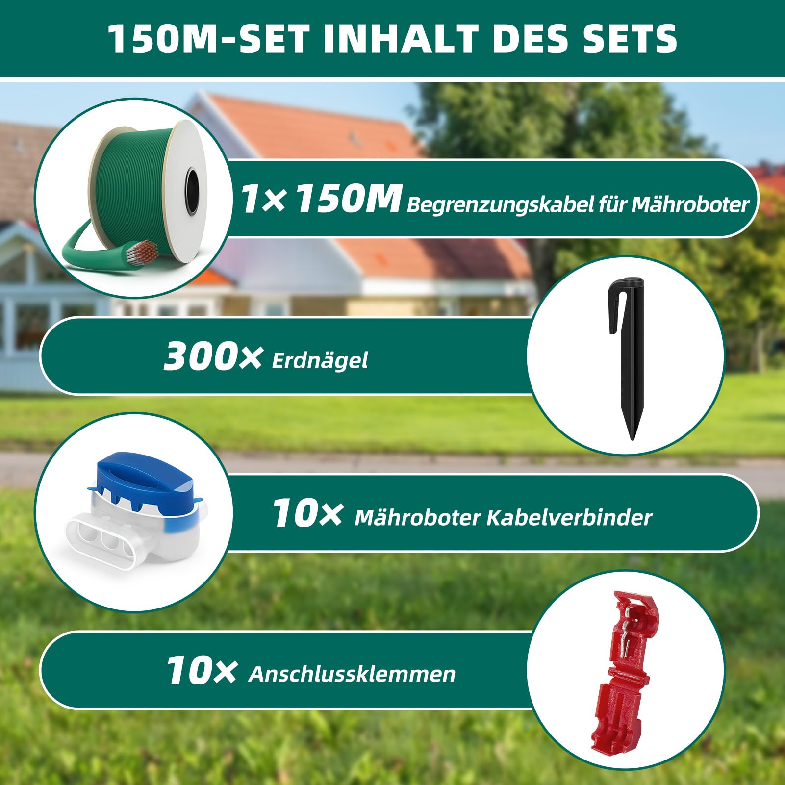 150M Universal Begrenzungskabel für Mähroboter + 300 Erdnägel + 10 Mähroboter Kabelverbinder + 10 Anschlussklemmen, HAUSPROFI Begrenzungskabel Mähroboter, Mähroboter Kabel für Alle Mähroboter