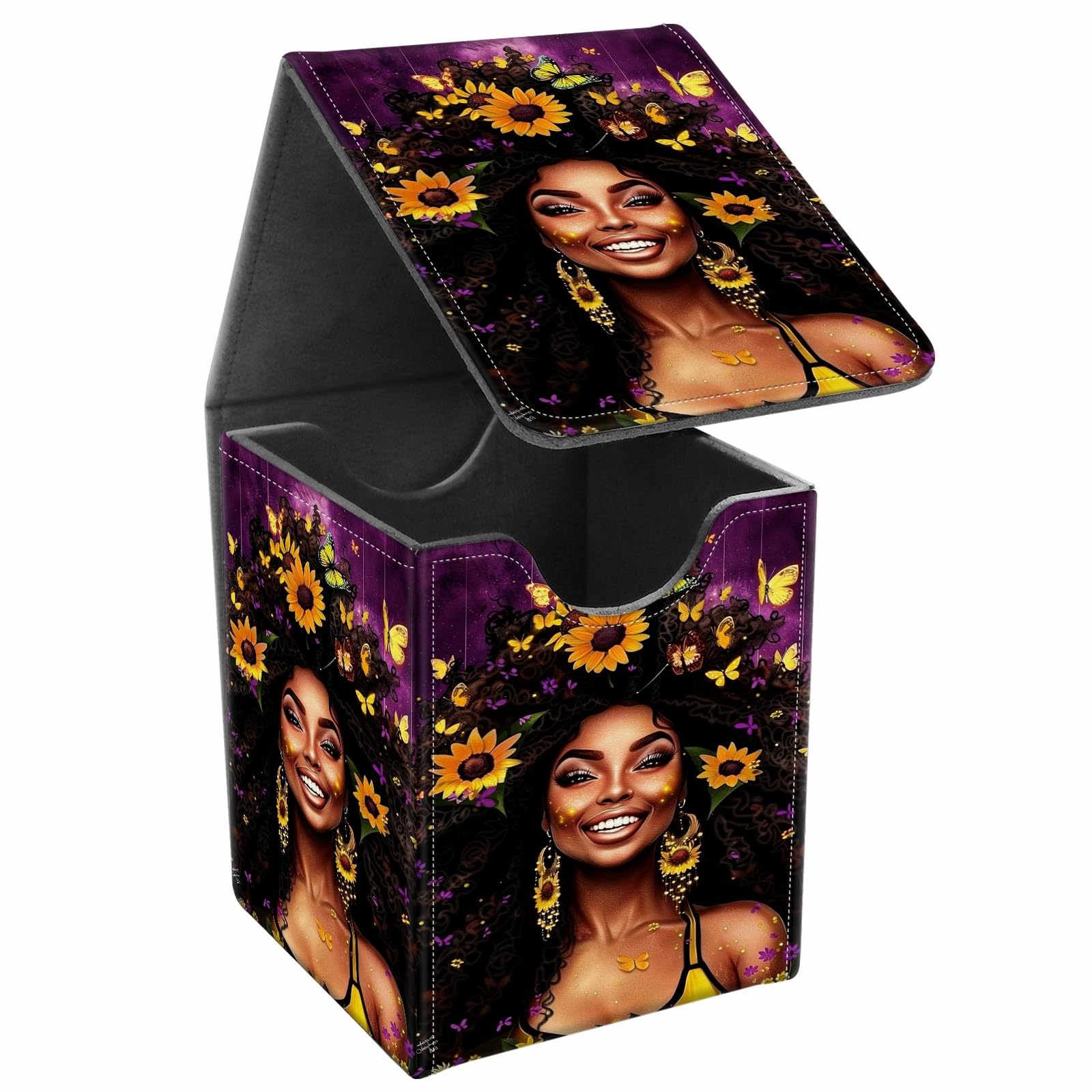 JANENFNA Card Deck Box, Card Storage Box Fits 100+ Single Sleeved Cards, Large Capacity PU Leather Card Storage Box with Strong Magnet for Magic Commander TCG CCG, Butterflies African Black Girl