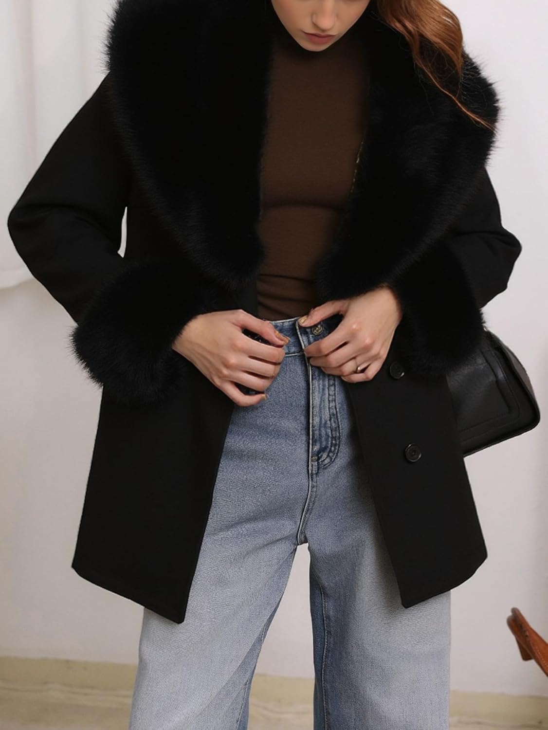 Women Faux Fur Trench Coat Winter Mid Length Fleece Lined Pea Coat Belted Jacket with Fur Collar - Image 5