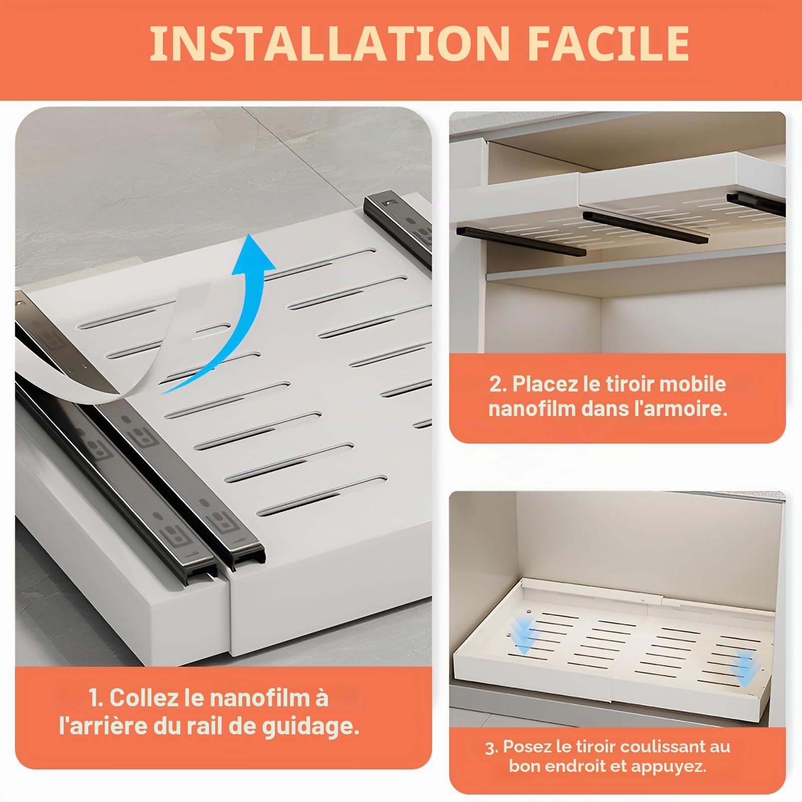 2pcs Tiroir Coulissant Cuisine, Organisateur d'armoire coulissant, tiroirs coulissants extensibles et de rangement, Tiroir Coulissant Cuisine Adhesif, avec garde-corps élevé (32 cm à 52 cm)
