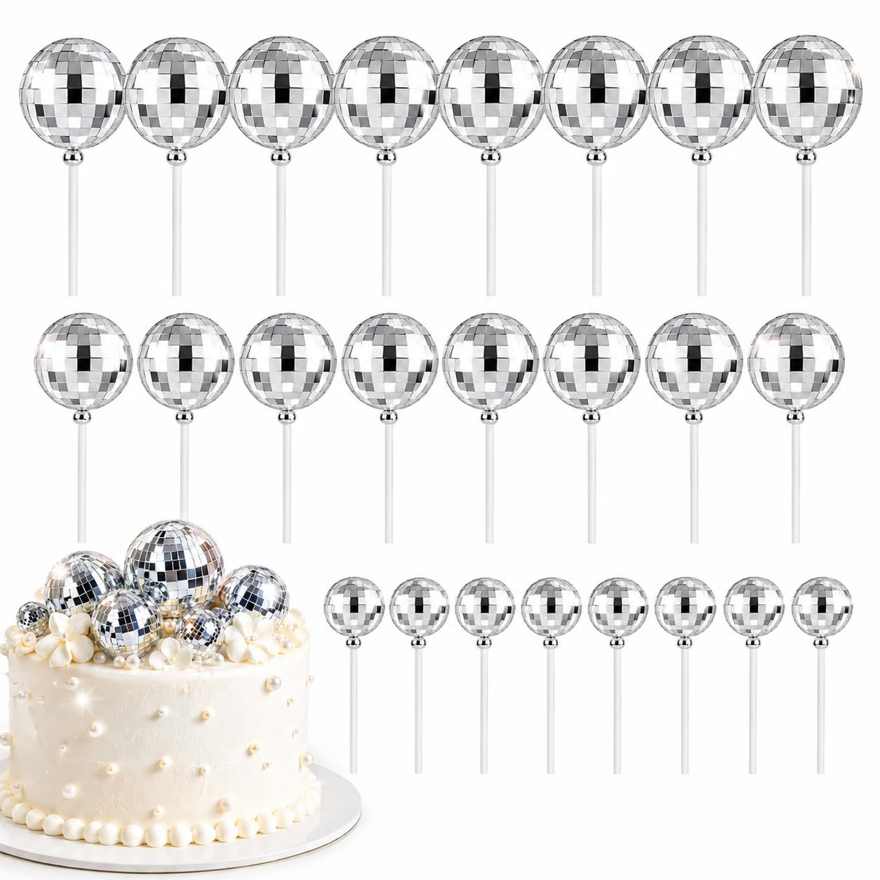 Disco Ball Cake Decorations 25pcs, Ball Cake Toppers with Sticks for Party