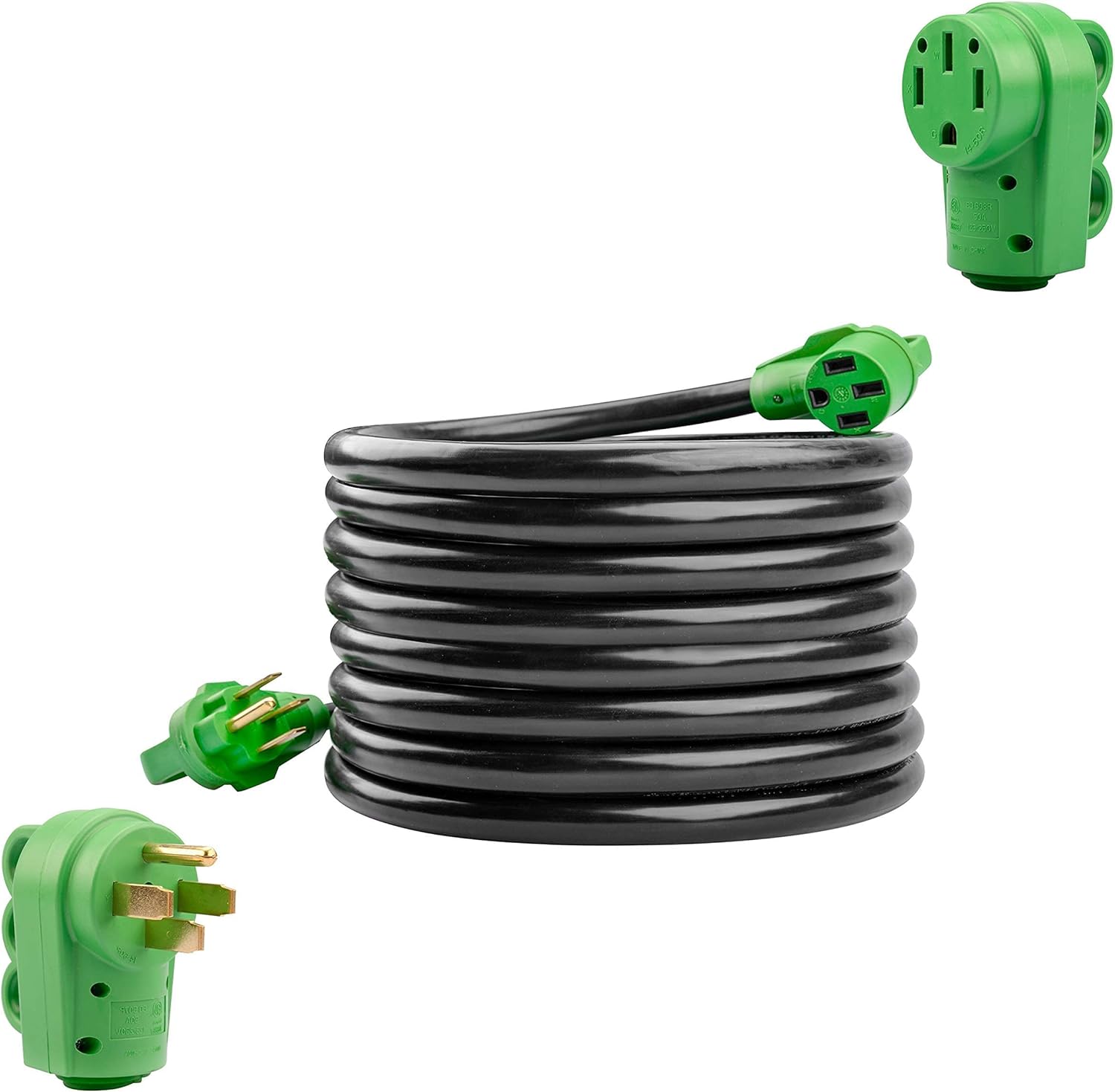 RVGUARD Bundle RV 50 Amp 50 Feet Power Extension Cord with RV 50 Amp Replacement Plug, Pacage Include Cord Organizer and Storage Bag, Green, ETL Listed