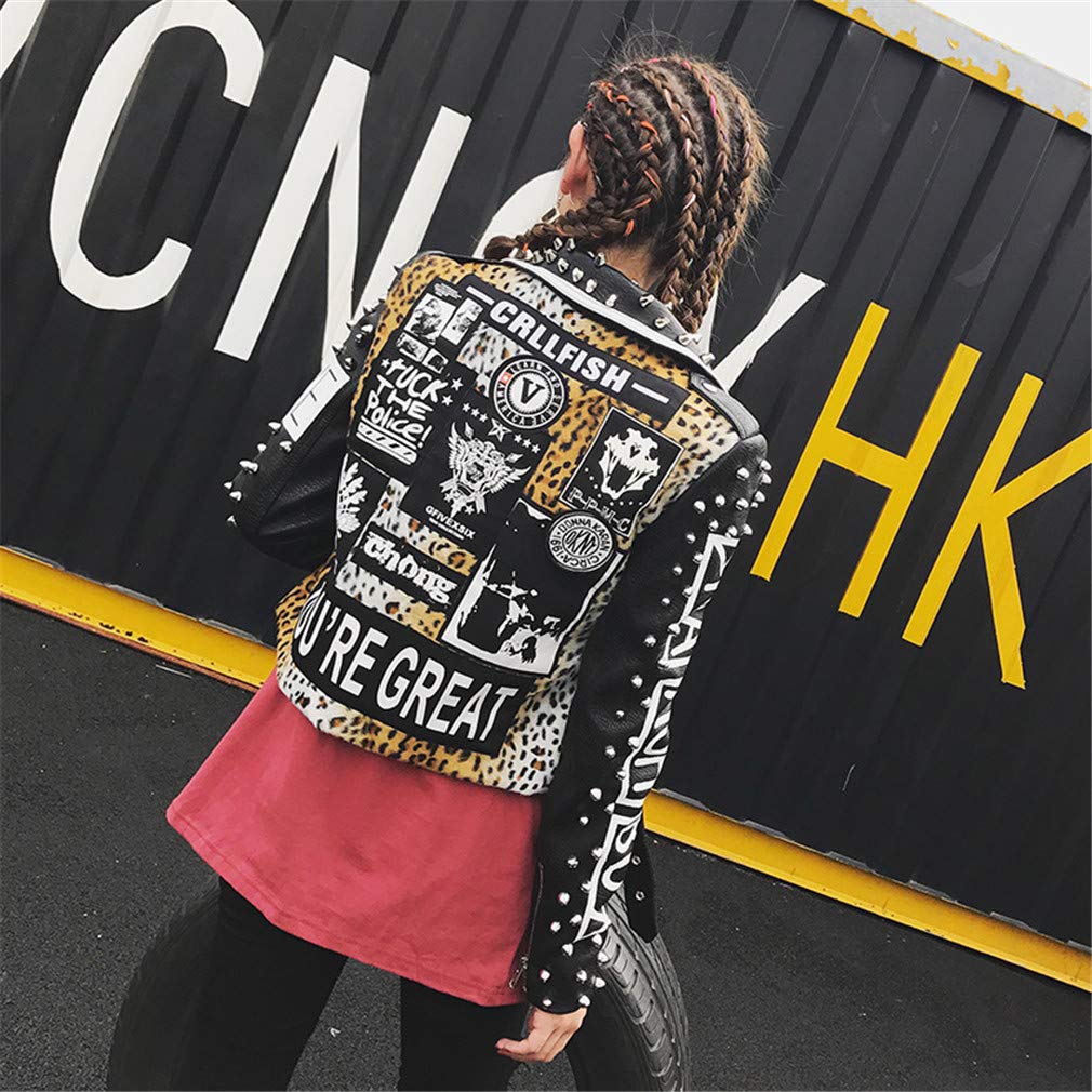 Sijux Women's Punk Rivet Leopard Jacket Rivet Faux Leather Long