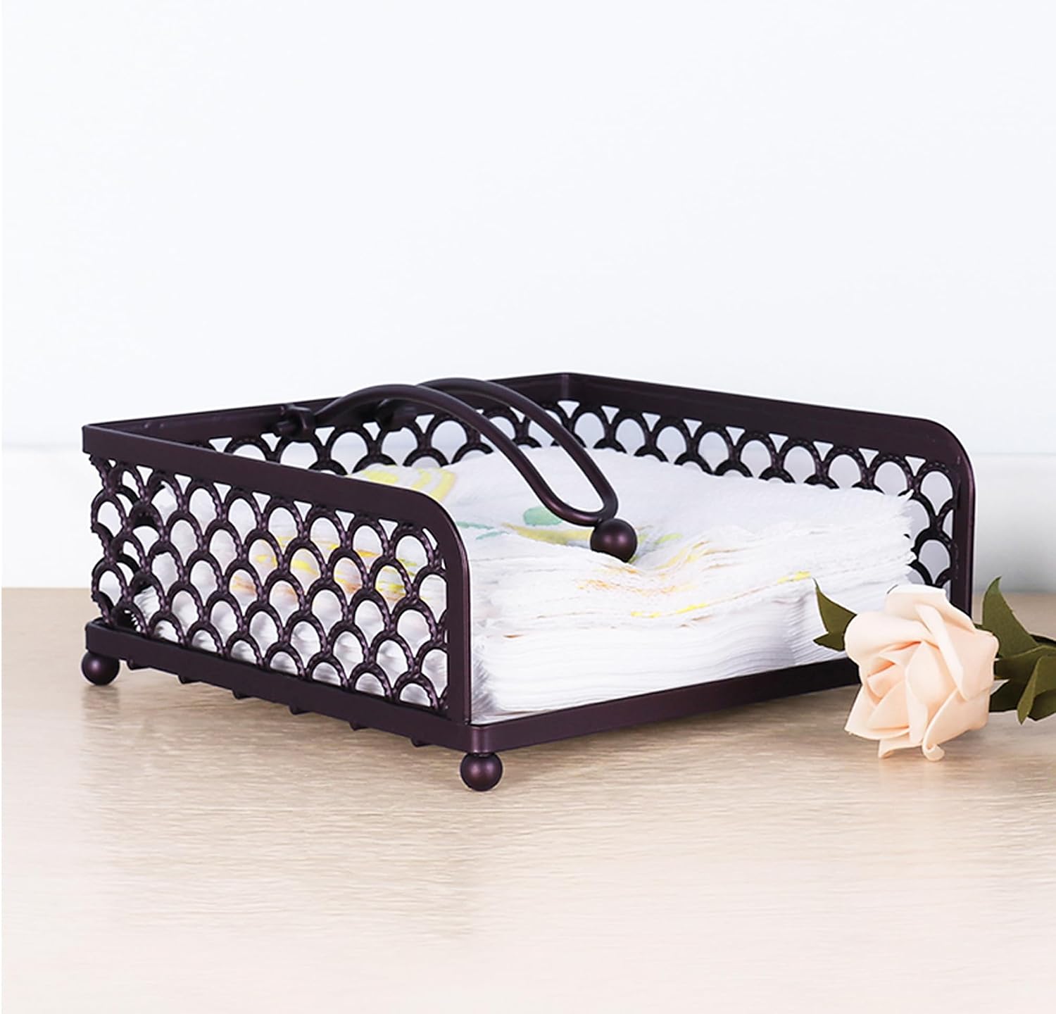 Modern Flat Napkin Holder Black Metal Kitchen Square Paper Tissue Dispenser with Weighted Arm for Cocktail Napkin Storage, Dining Room Table, Countertop, Outdoor Indoor Use (Y0602 Black)