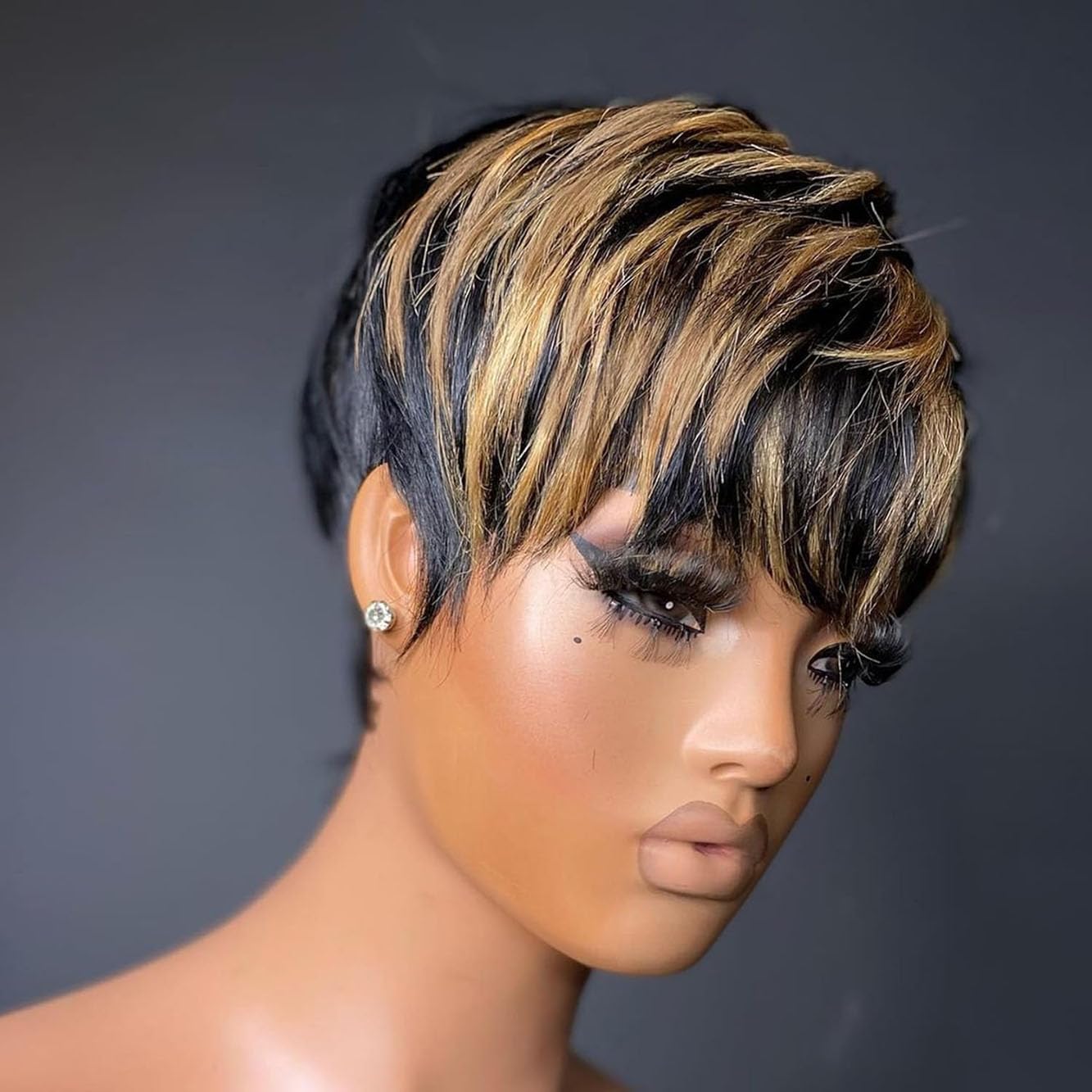 Short Pixie Cut Human Hair Wig, Glueless Layered Wig with Bangs