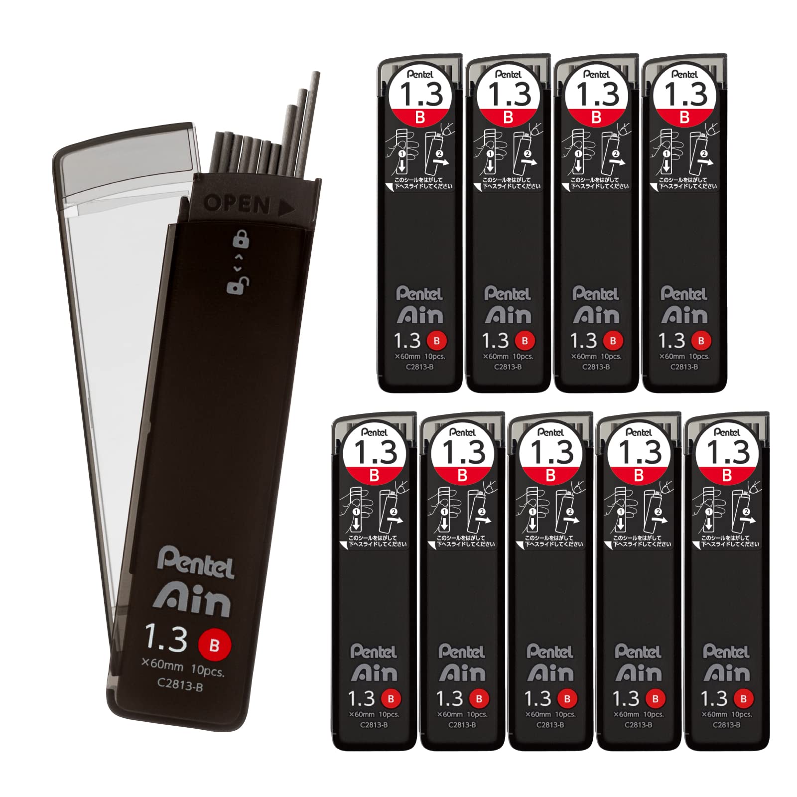 Pentel Ain C2813-B - Mine Meccaniche, 1,3 Mm, B, 10 Pezzi-image