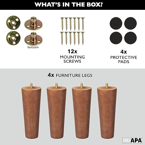 Miniatura 2 de Ilyapa Pies de madera para muebles, juego de 4 patas de repuesto cónicas marrones de 6 pulgadas para sofás, sillas, sofás biplazas, otomanas,