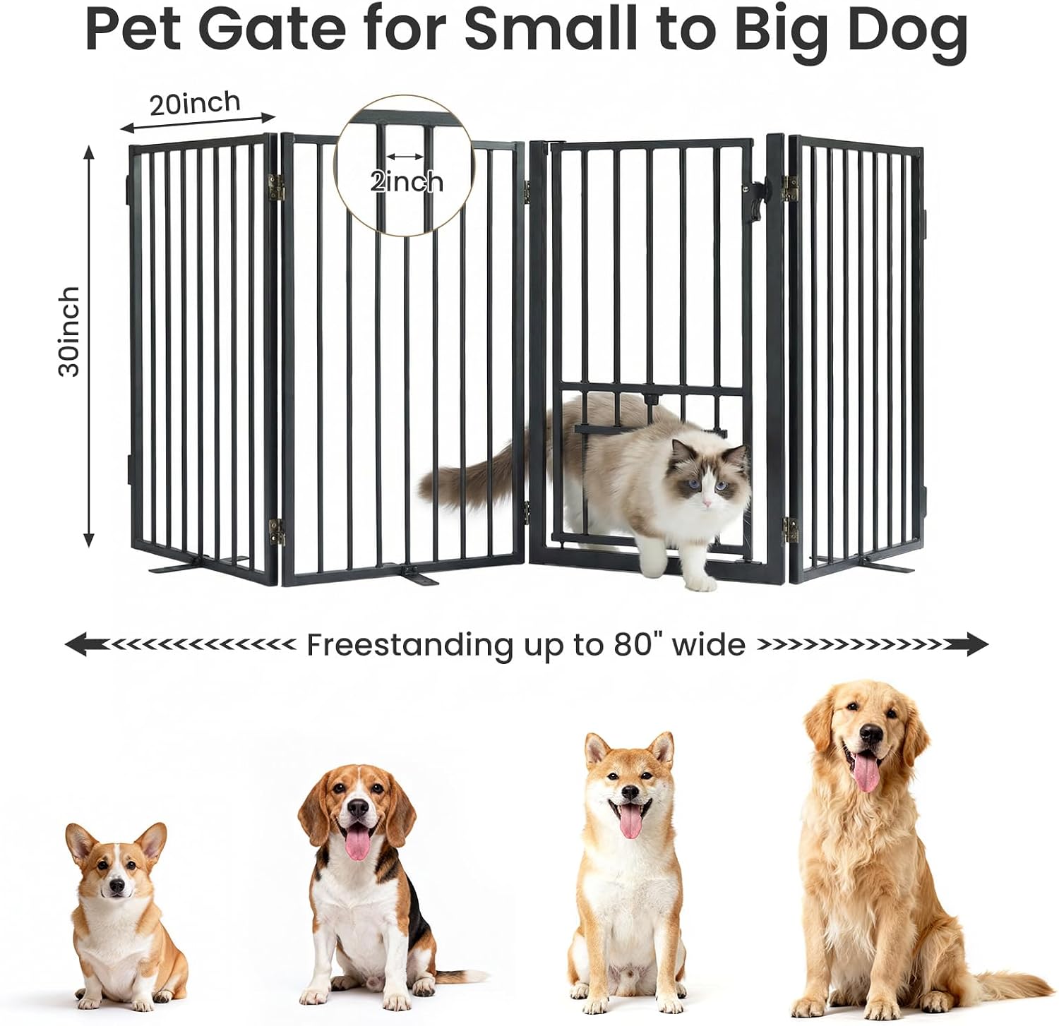 Full Metal Freestanding Dog Gate with Cat Door for Outdoor & Indoor,80" Extra Wide Foldable Pet Fence,30" Tall Free Standing Dog Gate for RV Camping,Stairs,Hallways,Doorways,Deck,Yard (4 Panels,Black)