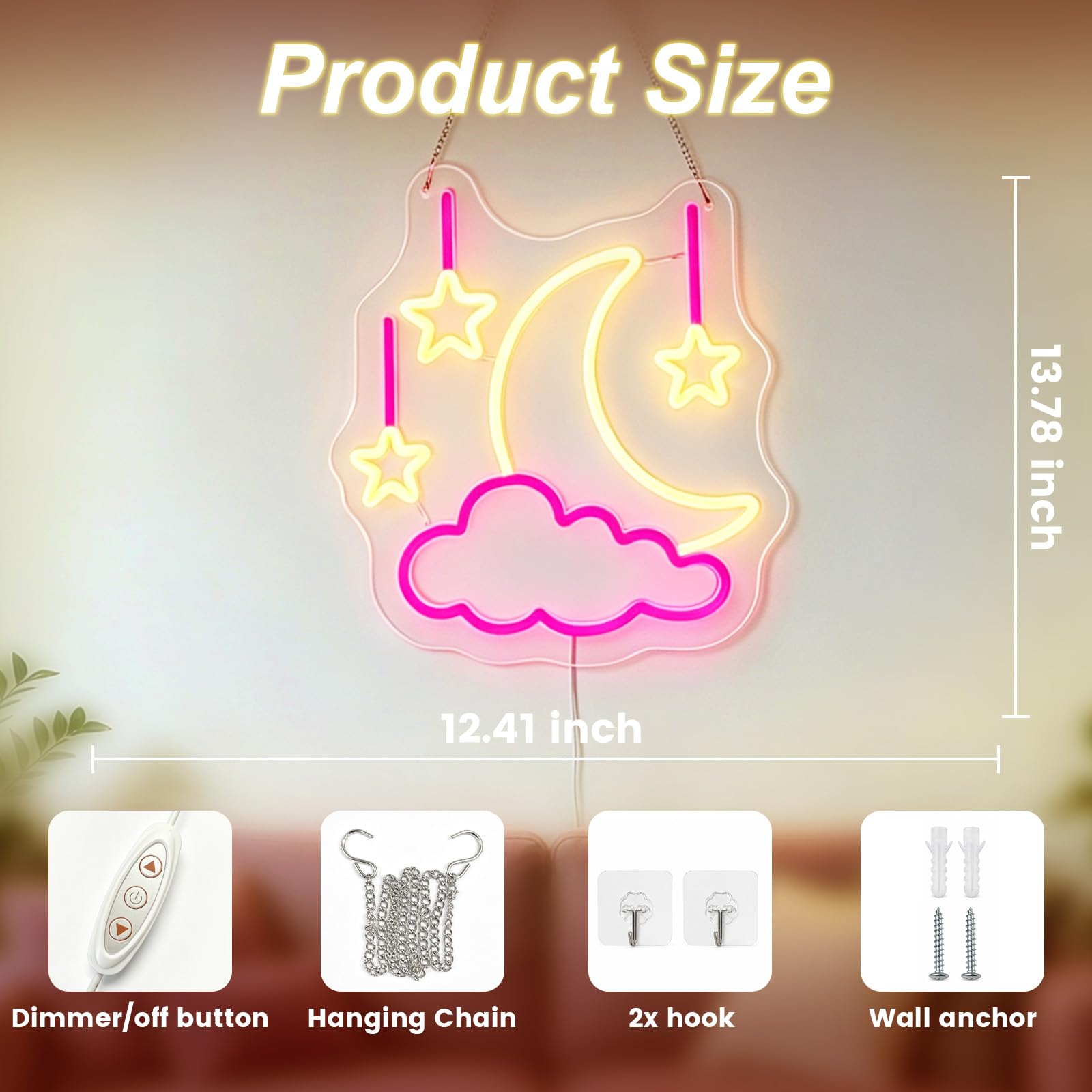 Insegna al neon a forma di luna nuvola per decorazione da parete, luce LED Luna Star, alimentata tramite USB, per camera da letto, bambini, romm bar, regali per bambini e ragazze
