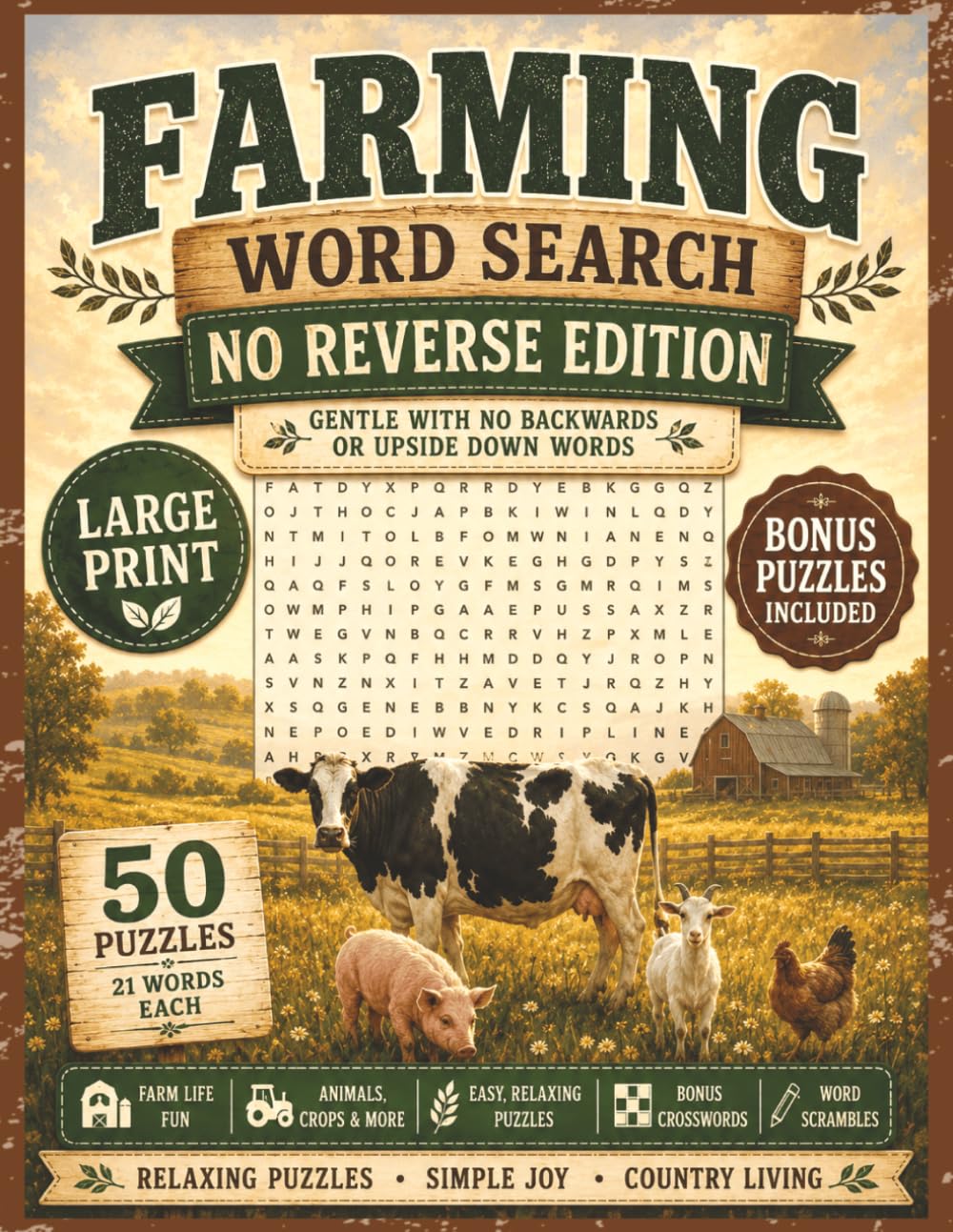 Farming Word Search - No Reverse Large Print Edition: Puzzles Featuring Farm Animals, Crops, Tractors, Barn Life, and Country Living | 50 Relaxing ... Included (No Reverse Word Search Books)