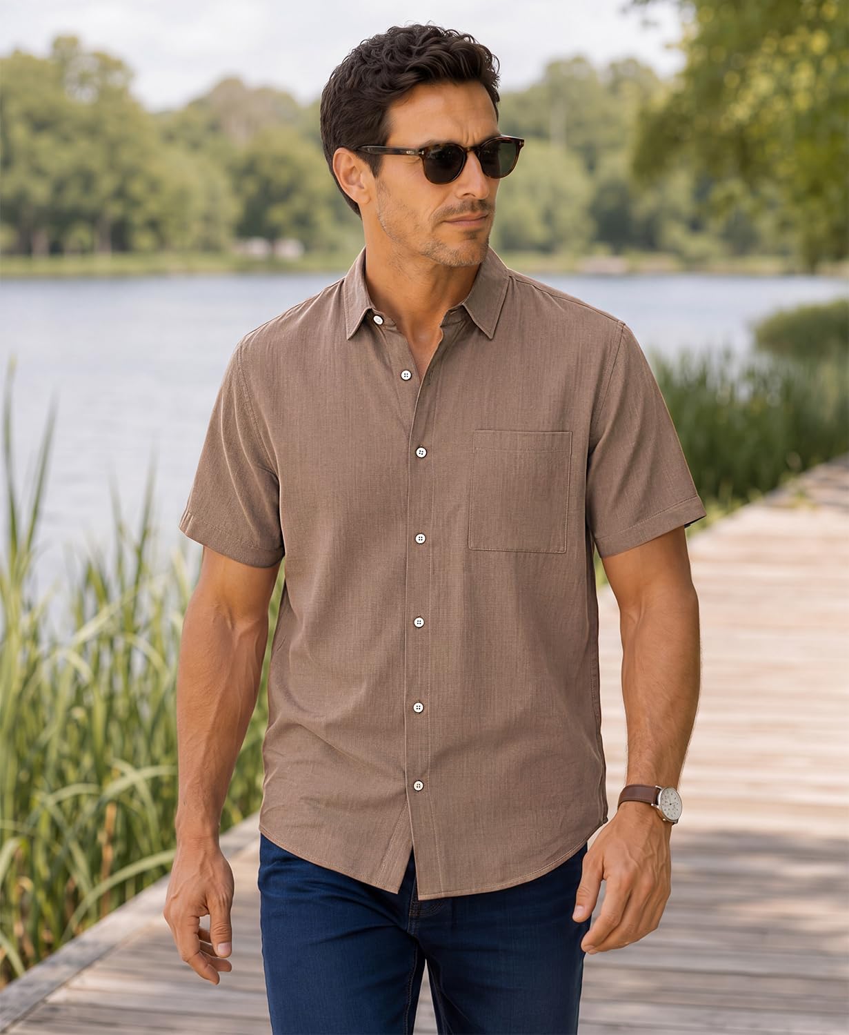 KYKU Men's Cotton Linen Shirt Short Sleeve Button Down Casual Summer Shirt image 2