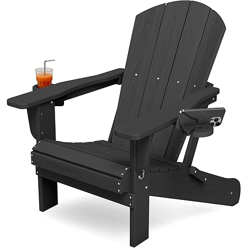 KINGYES Folding Adirondack Chair with Dual Cup Holders - HDPE All-Weather Outdoor Chairs, Wood-Like Patio Chair for Backyard, Camping, Pool & Fire Pit, Black