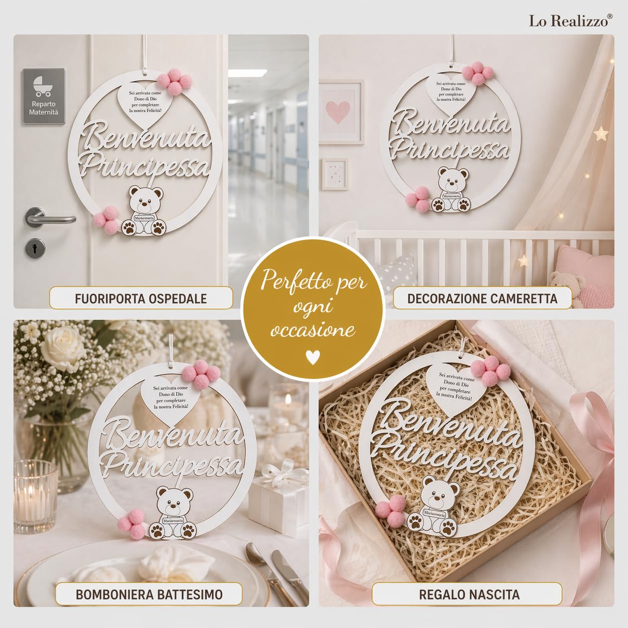 Fiocco Nascita Bimbo Bimba Personalizzato con Nome in Legno - Coccarda Nascita Moderno Fuoriporta Cameretta, Decorazione Nascita Artigianale Made in Italy con Orsetto (Rosa/Azzurro) — Lo Realizzo®