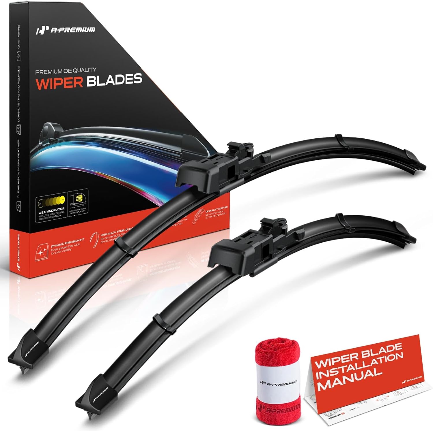 A-Premium Pack of 2 Windshield Wiper Blades with Wear Indicator & Towel - Compatible with Ford Ranger 2024-2025 - 25" and 17", TLP Connector, Left and Right