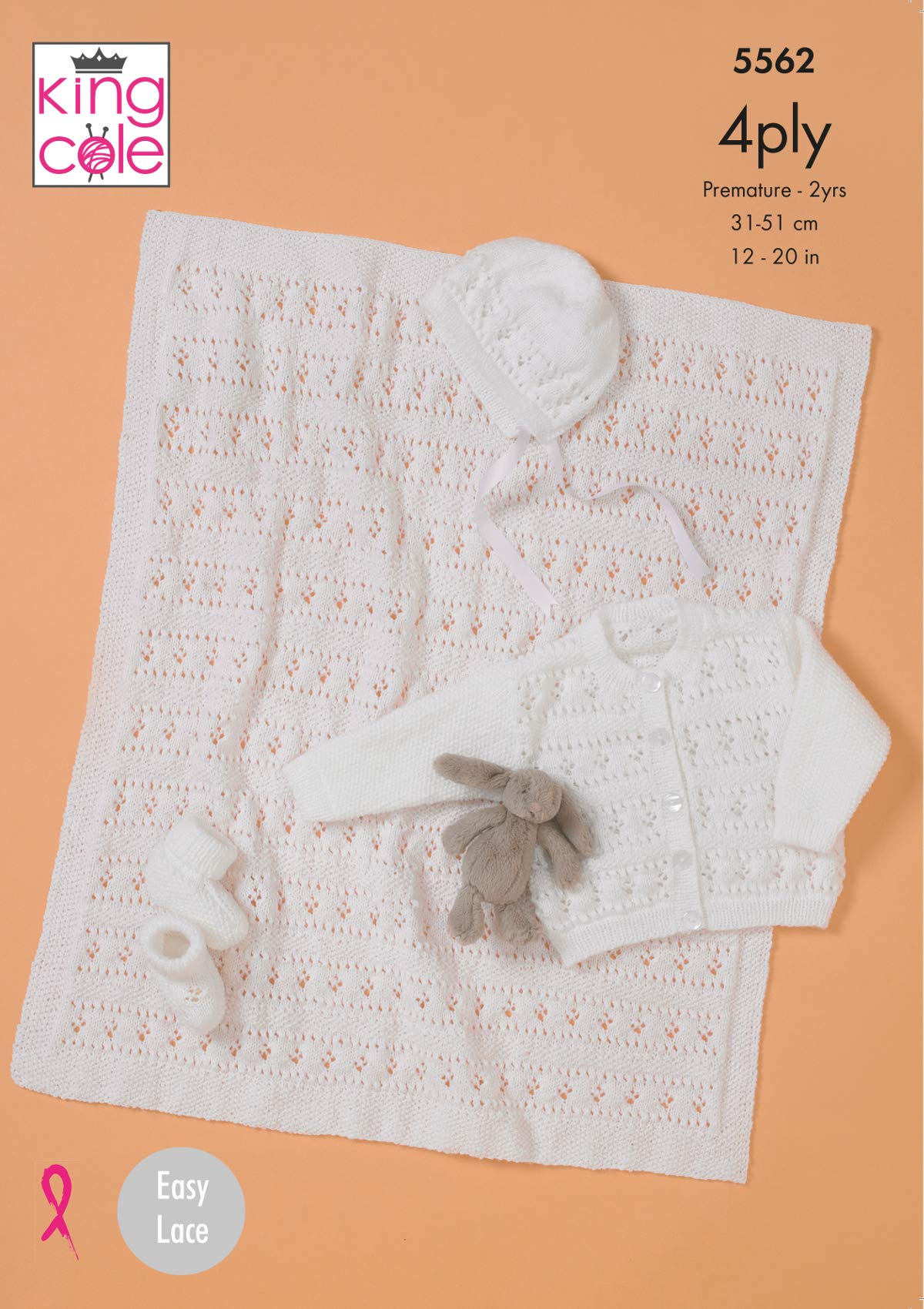 King Cole 5562 Knitting Pattern Baby Cardigan Bonnet Bootees and Blanket in Big Value Baby 4 Ply White