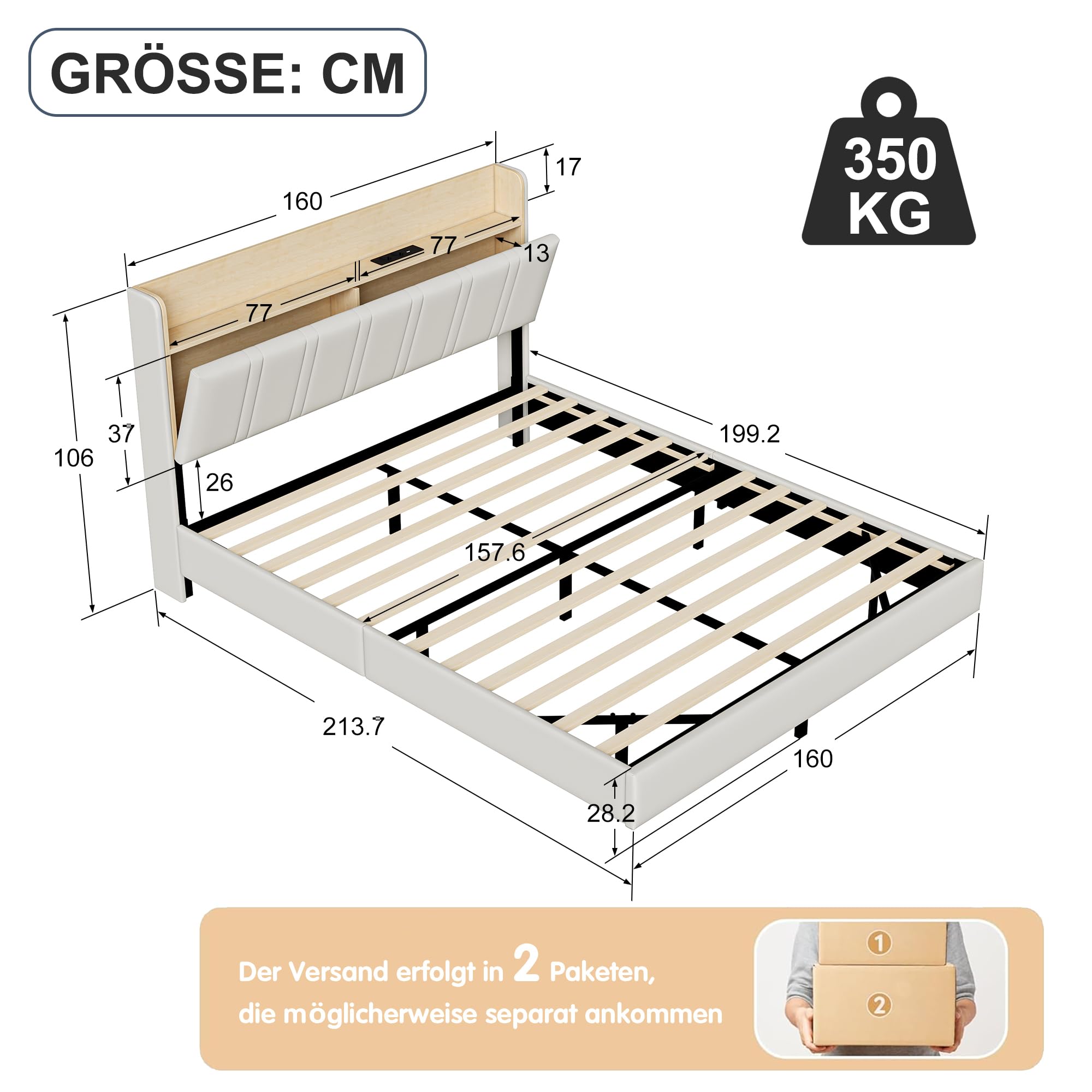 BRILVERDE Polsterbett 160x200 mit LED, Platformbett mit USB, Funktionsbett mit Kopfteil, Schwebebett mit Lattenrost, PU (Weiß Flache Eiche, 160 x 200 cm)