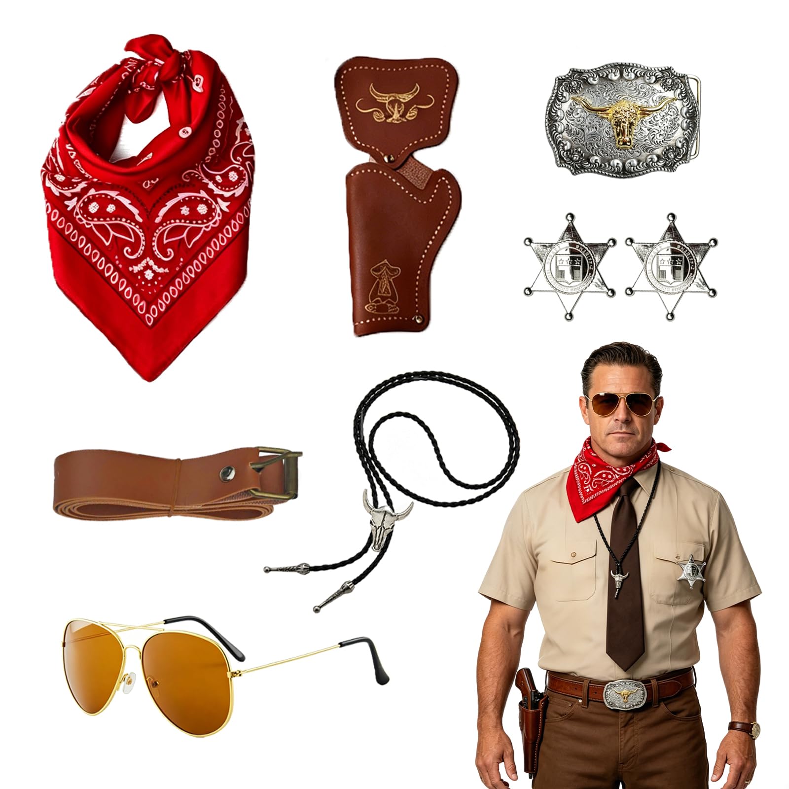 PUQGAOIP 8 PCS Cowboy Outfit - Brown Western Cowboy Costume Set with Leather Holster, Buckle & Bolo Tie - Mens Cowboy Outfit for Adult Men Birthday Halloween Stag Party Celebration