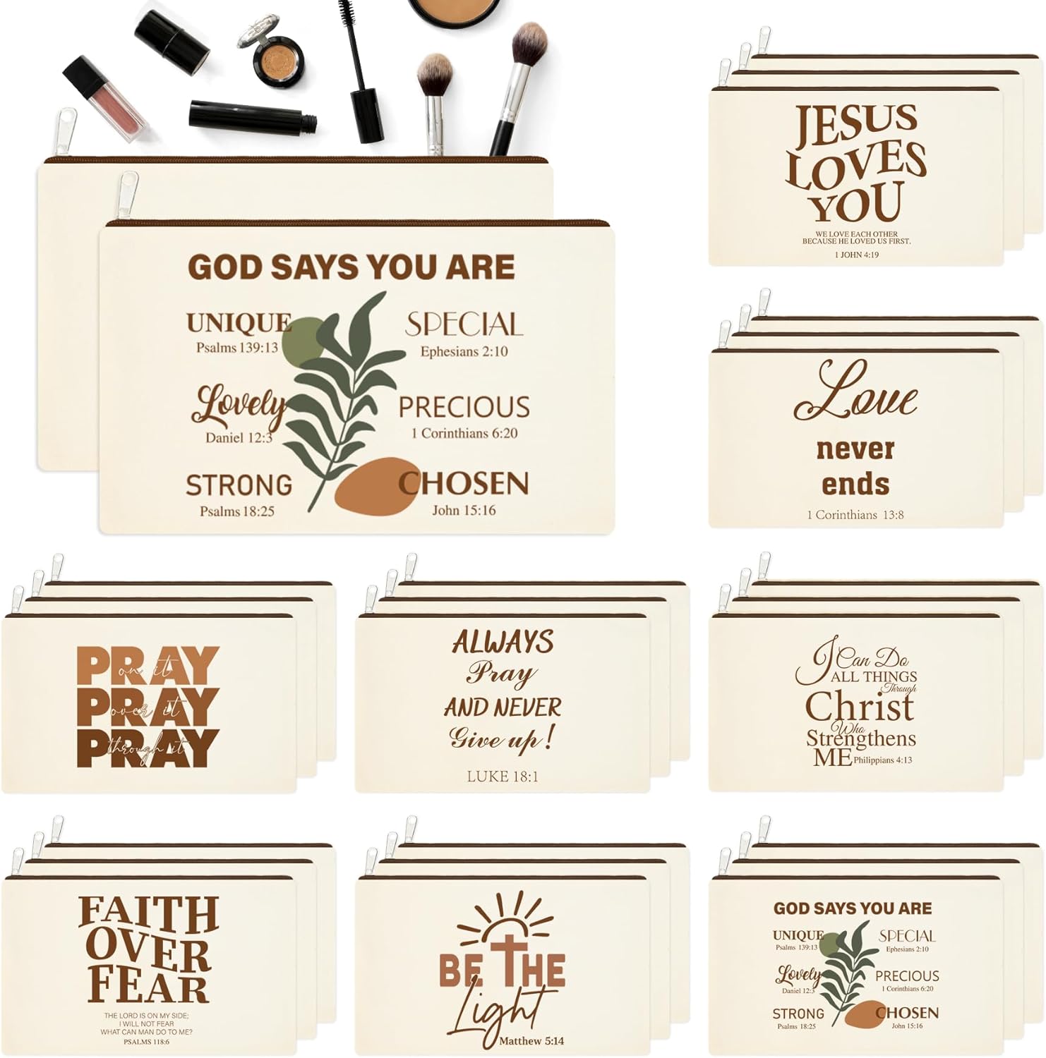 48 Pcs Christian Cosmetic Bags Bulk for Women Bible Verse Makeup Bags Christian Gifts Inspirational Canvas Pouches with Zipper for Cosmetics Journaling Motivational Supplies