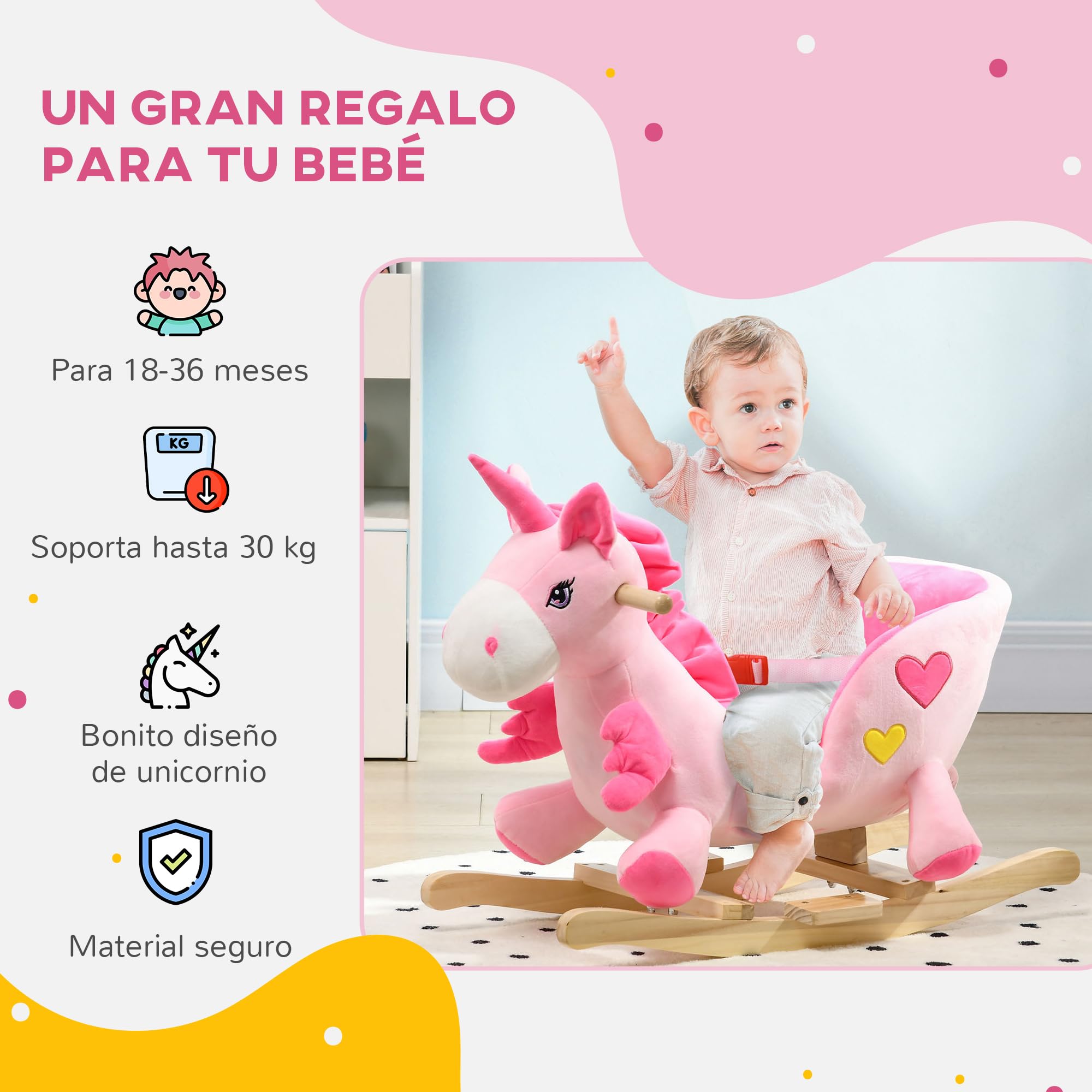 HOMCOM Caballito Balancín para Bebés 18-36 Meses Caballo Balancín en Forma de Unicornio con Música Cinturón de Seguridad Manillar y Reposapiés Carga 30 kg 65x35x45 cm Rosa