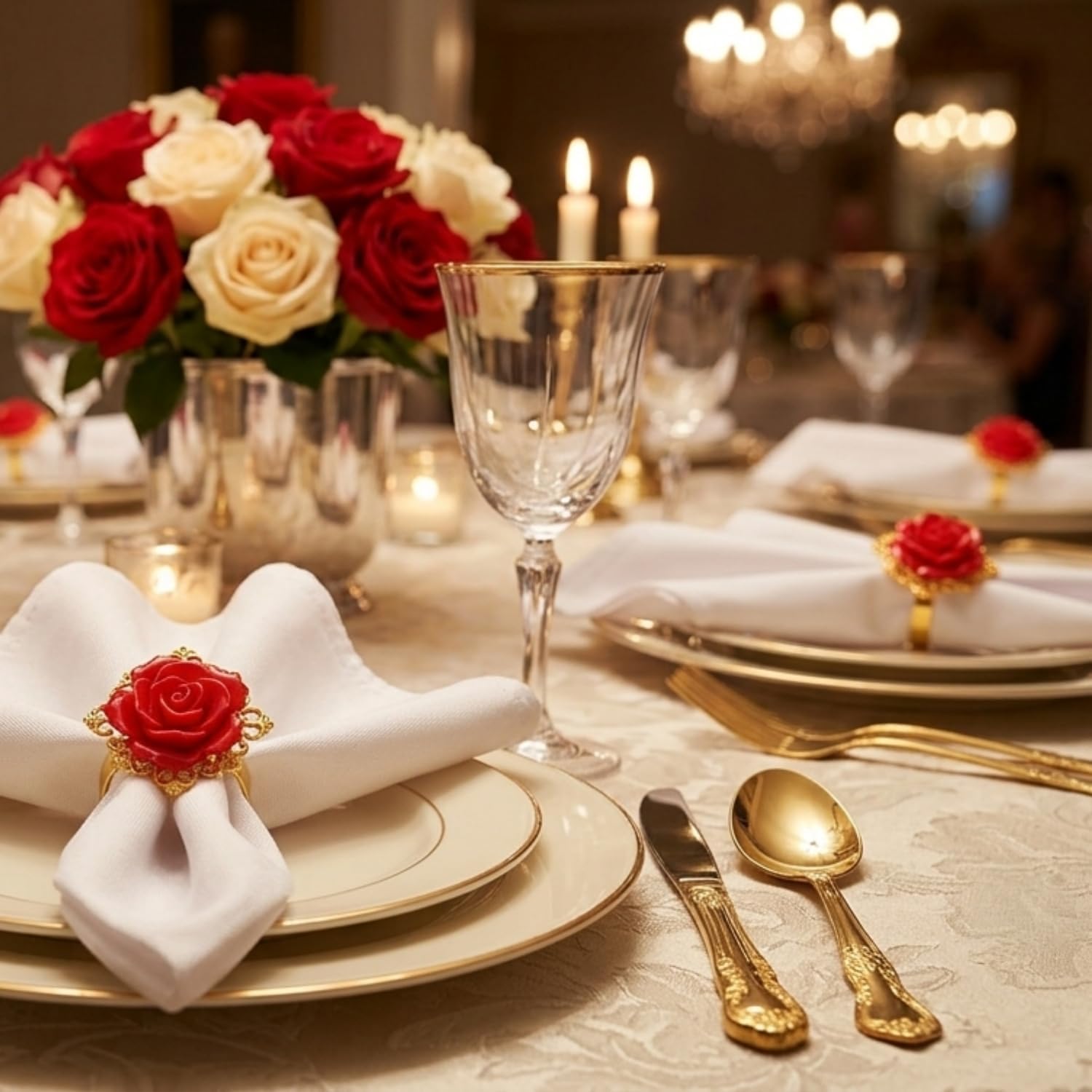 12Pcs Rose Napkin Rings, Flower Shape Metal Napkin Holder, Red