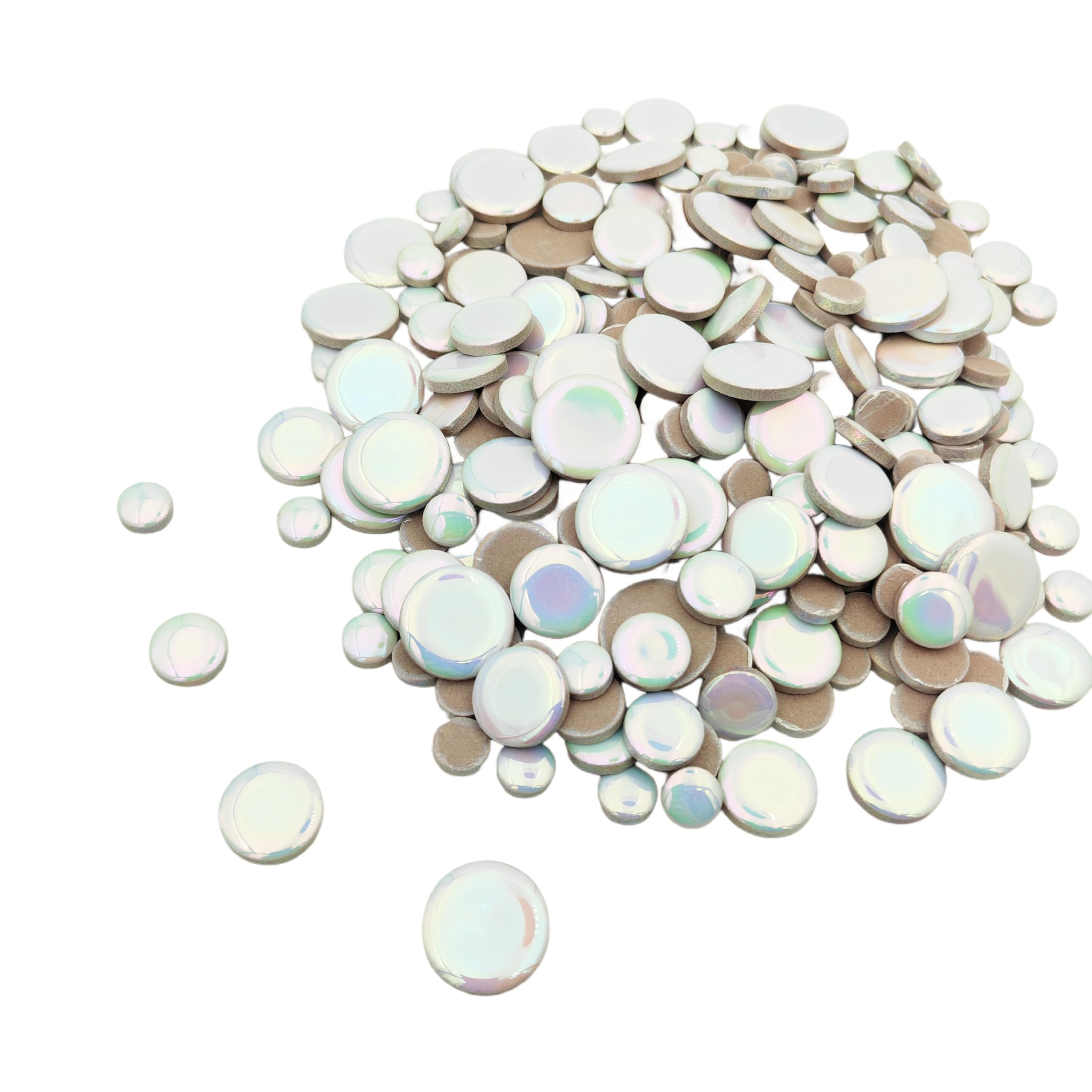 500g Iridescent Round Ceramic Mosaic Tiles,Mixed 4 Size Circle Mosaic Pieces for Flowerpots, Vases, Cups, Garden and Home Decor DIY Making Supplies (White)