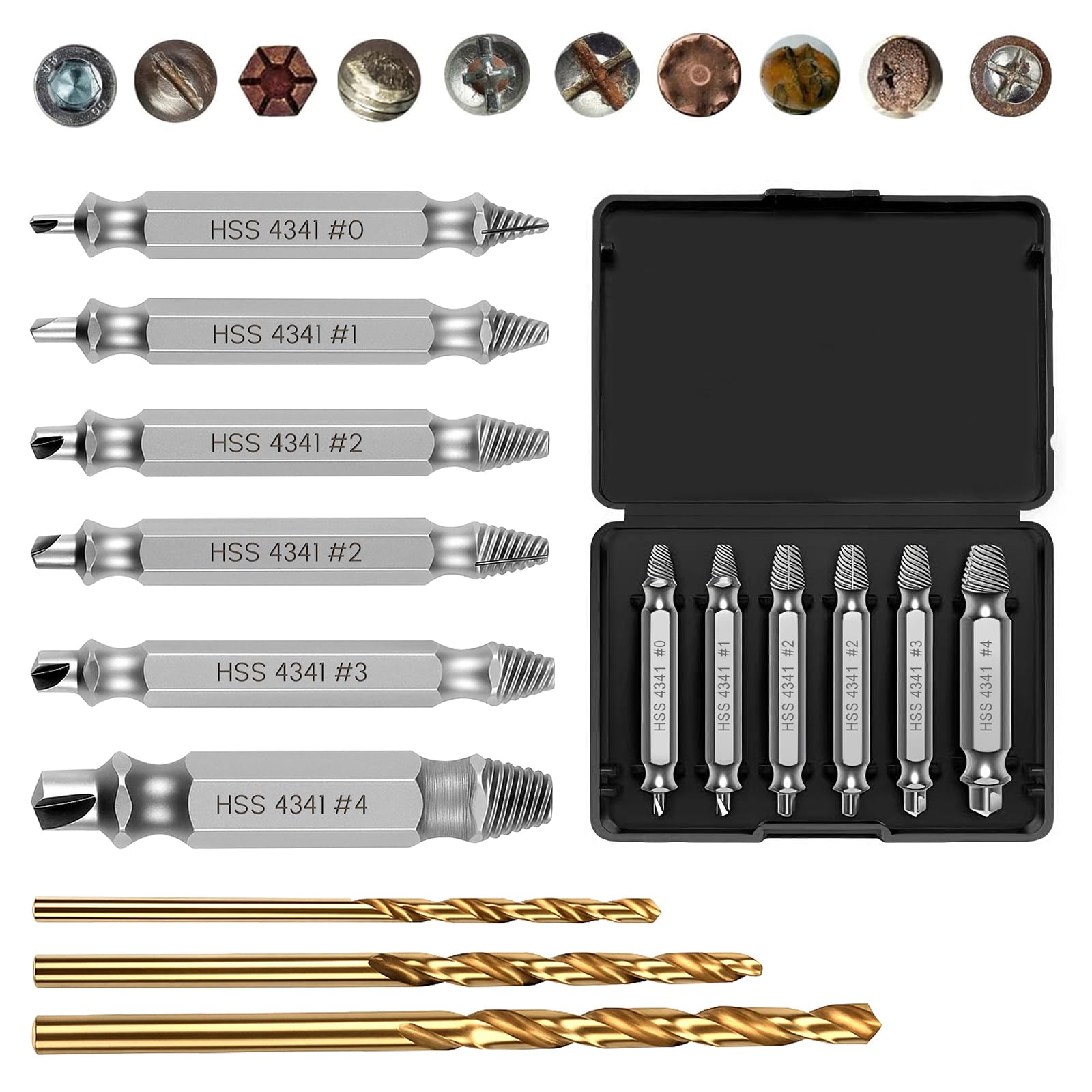 6+3 Pcs Broken Screw Extractor, HSS 4341# Rounded Screw Remover, Stripped Screw Removal Tool with 3 Pcs Twist Drill Bit Kit for Damaged Broken Stripped Screws