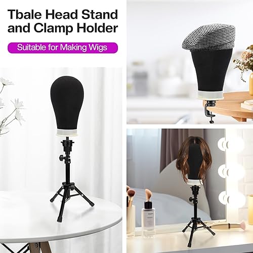 Miniatura 3 de Cabeza de peluca de lona de 23 pulgadas, trípode con cabeza, cabeza de maniquí para pelucas con gorras de peluca, juego de pines en T, cepillo de