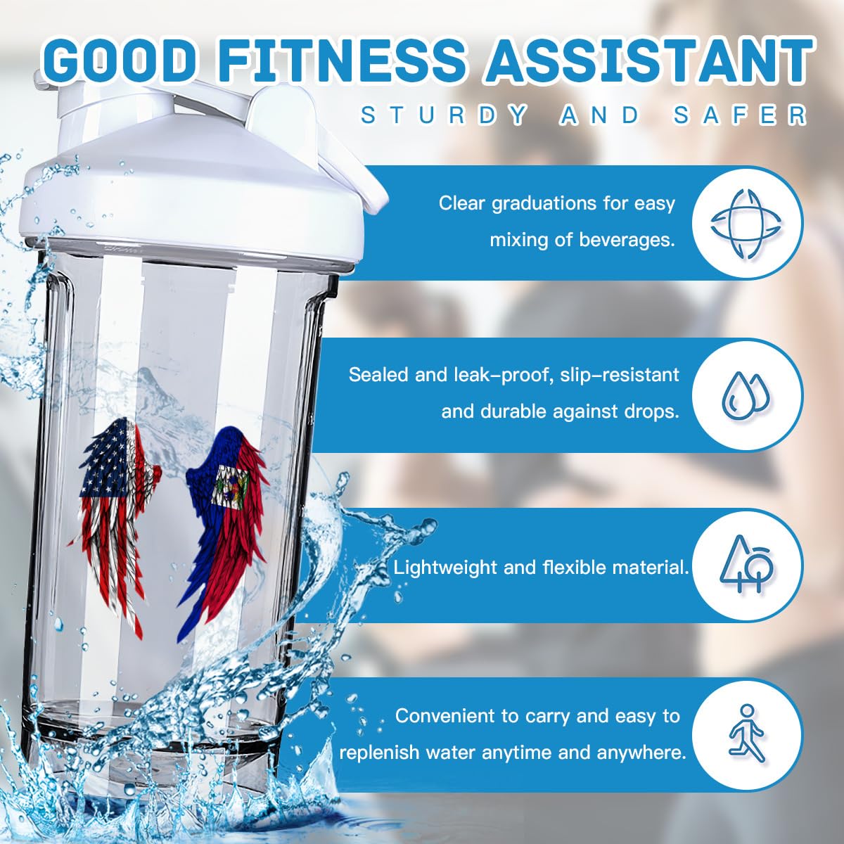 Wings America and Haitian Flag 18 Ounce Shaker Cup,Fashion Theme Pattern Shaker Bottle Leak-proof Workout Shake Bottles 500ML/18 oz Perfect for Pre Workout