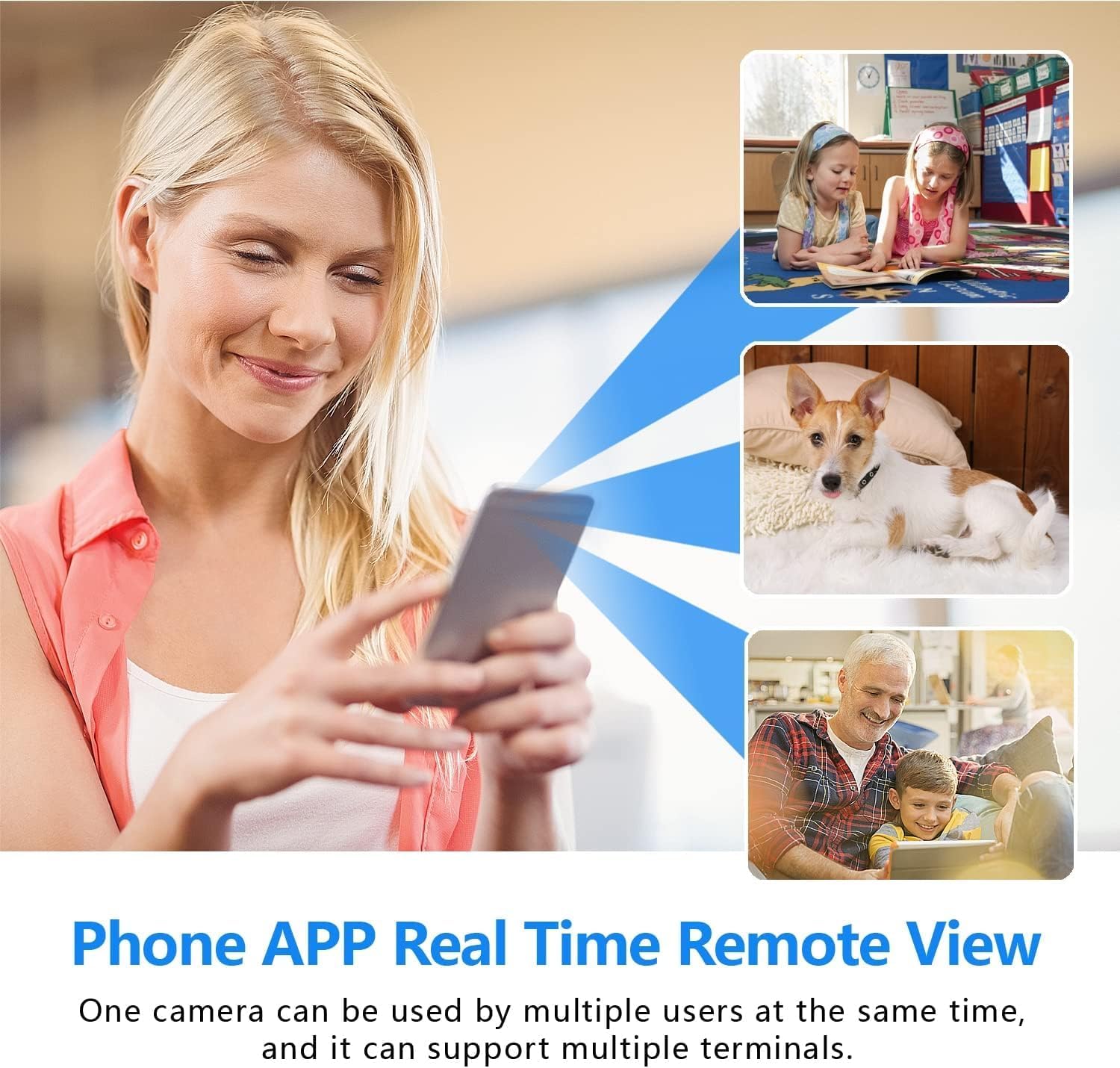 A woman viewing live camera feed on her smartphone, with three smaller images showing different surveillance scenarios: children playing, a dog, and a family.
