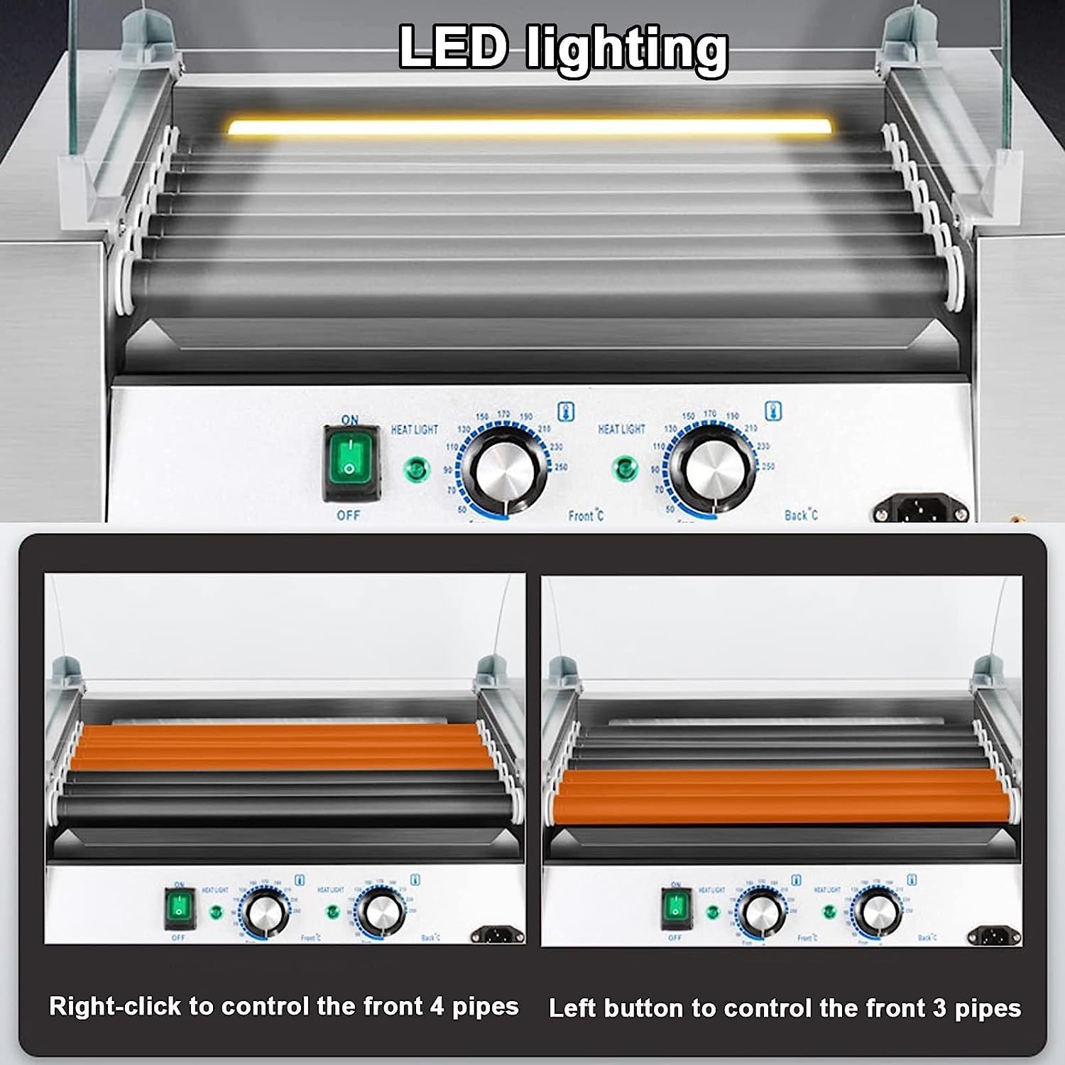 ERoomQ Hot Dog Roller Machine with 7 Non-Stick Rollers,Removable Stainless Steel Drip Tray and Glass Hood Cover,for Commercial