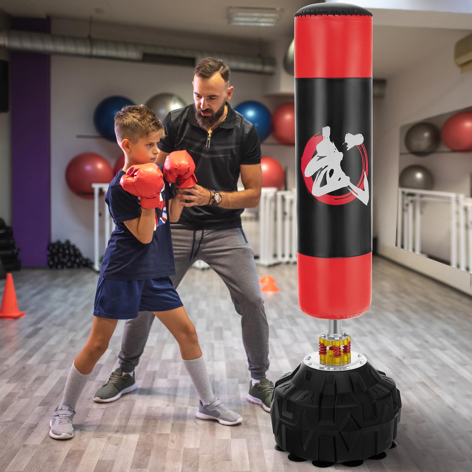 GYMAX Boxsack Set stehend, Standboxsack mit 12 Saugfußbasis & Stoßdämpfer, Boxsack Erwachsene, MMA Boxpartner Boxing Trainer Heavy Boxsack mit Saugfuß