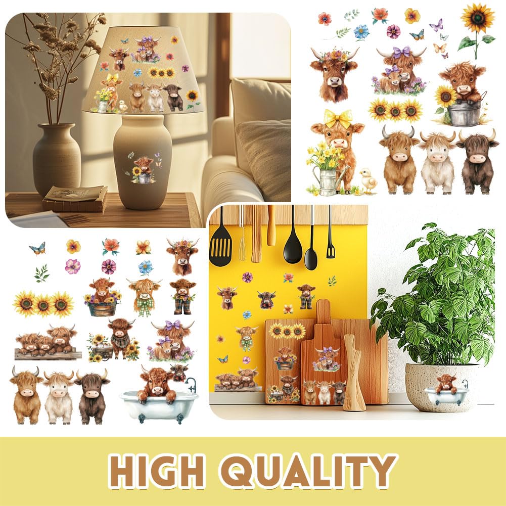 BEUNITONE 4 Sheets Highland Cow Rub-on Transfers - Farmhouse Sunflower Furniture Decals, 6x12 Inches