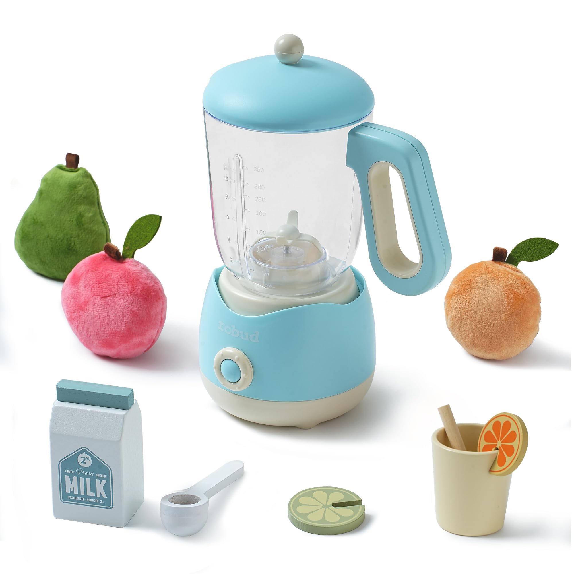 ROBUD Spremiagrumi giocattolo con luce e suono, accessorio da cucina con frutta, latte, bicchieri, adatto per bambini dai 3 anni in su